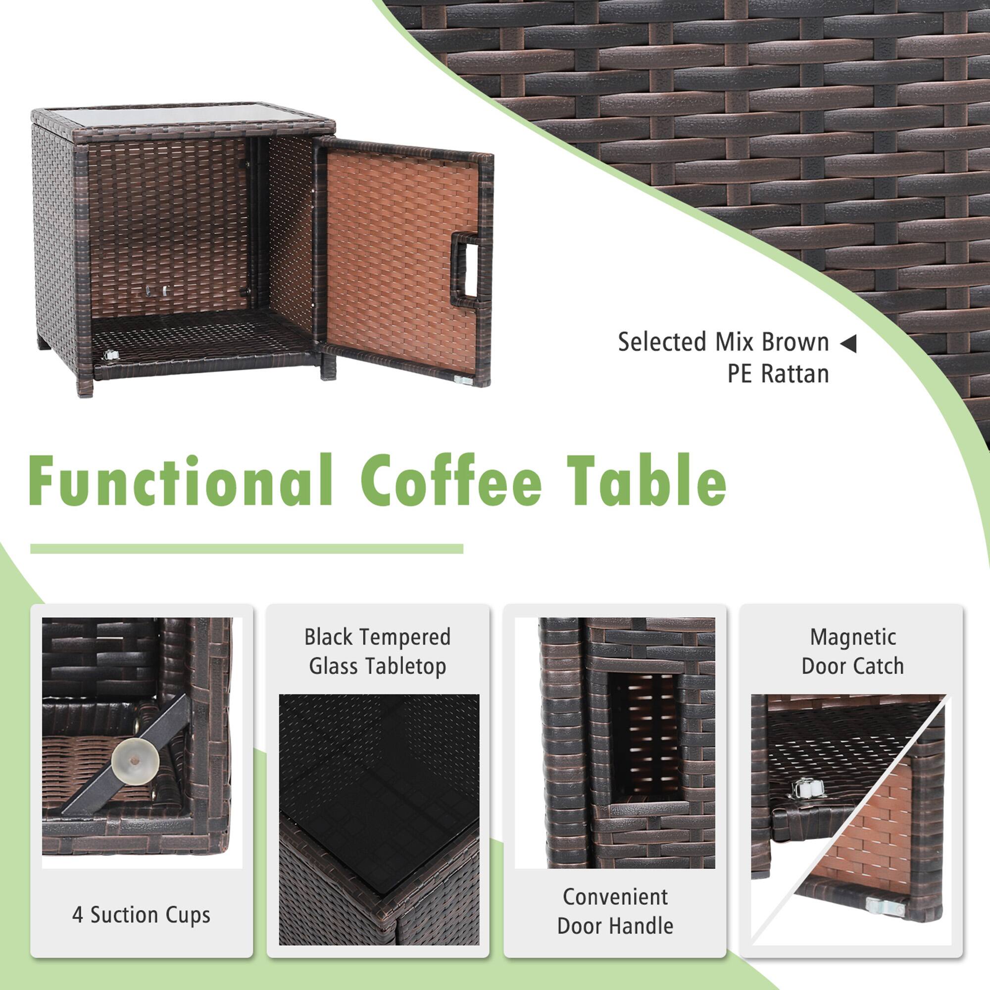 Selected Mix Brown PE Rattan, Functional Coffee Table, Black Tempered Glass Tabletop, Magnetic Door Catch, 4 Suction Cups, Convenient Door Handle