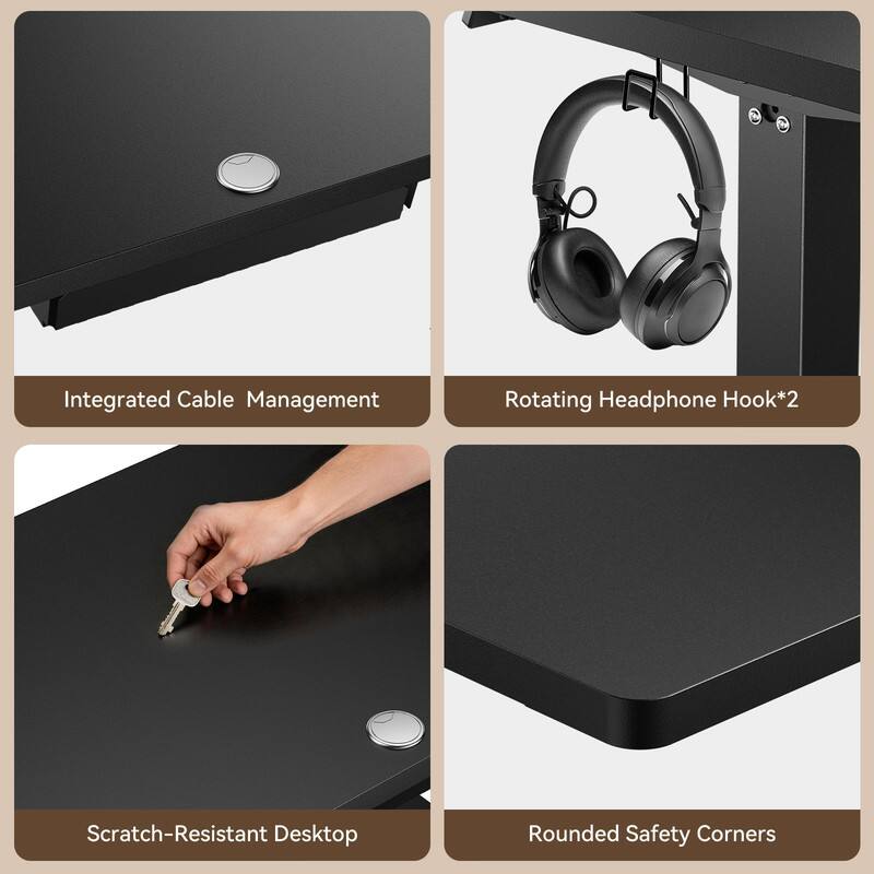 Integrated Cable Management  
Rotating Headphone Hook*2  
Scratch-Resistant Desktop  
Rounded Safety Corners