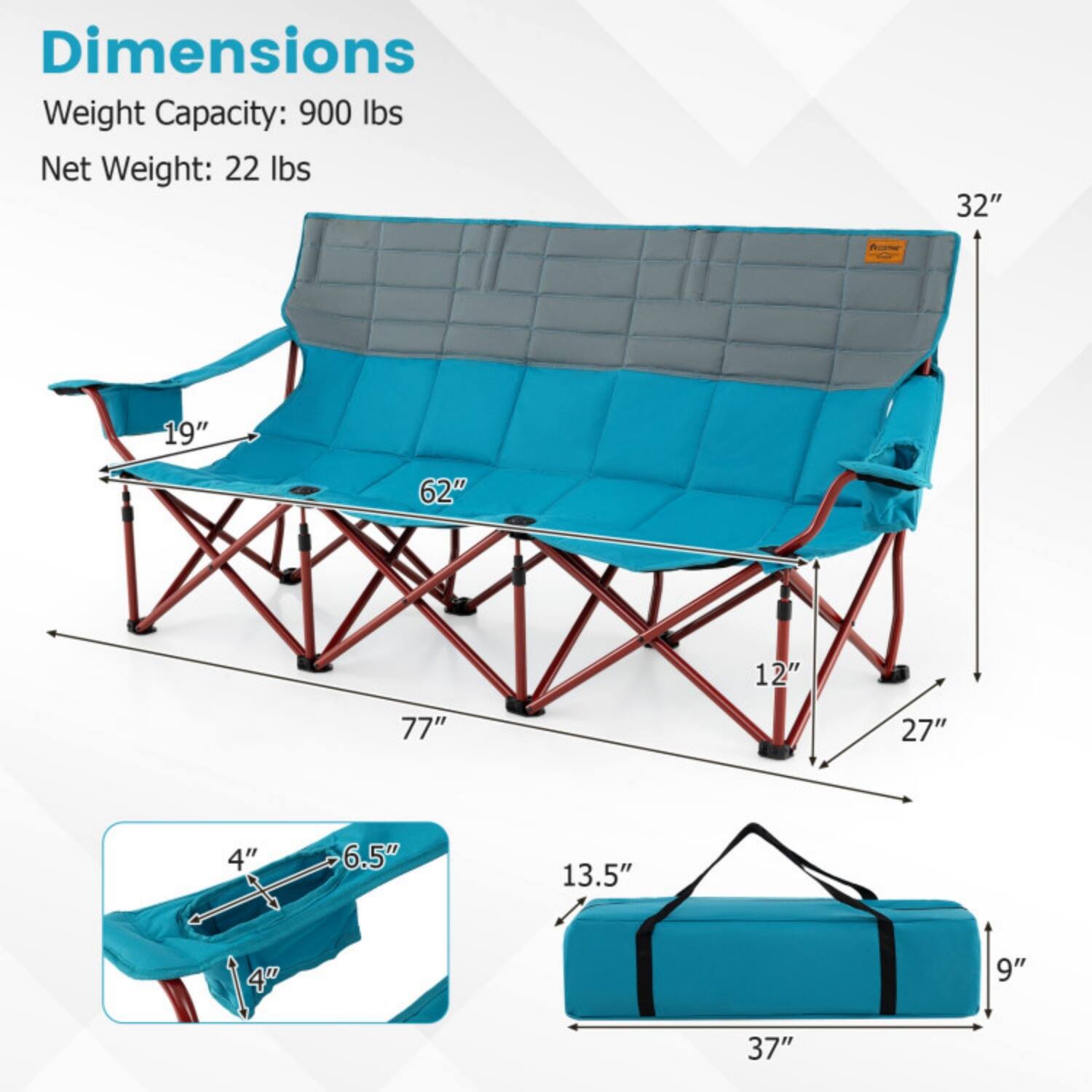 Dimensions  
Weight Capacity: 900 lbs  
Net Weight: 22 lbs  

- 32"  
- 62"  
- 19"  
- 77"  
- 12"  
- 27"  
- 4"  
- 6.5"  
- 13.5"  
- 4"  
- 9"  
- 37"