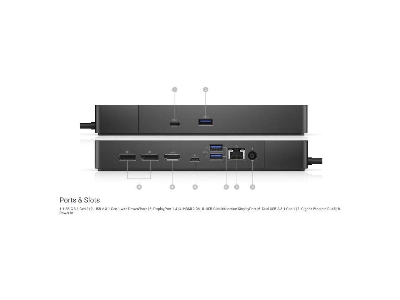 Ports & Slots

1. USB-C 3.1 Gen 2
2. USB-A 3.1 Gen 1 with PowerShare
3. DisplayPort 1.4
4. HDMI 2.0b
5. USB-C Multifunction DisplayPort
6. Dual USB-A 3.1 Gen 1
7. Gigabit Ethernet RJ45