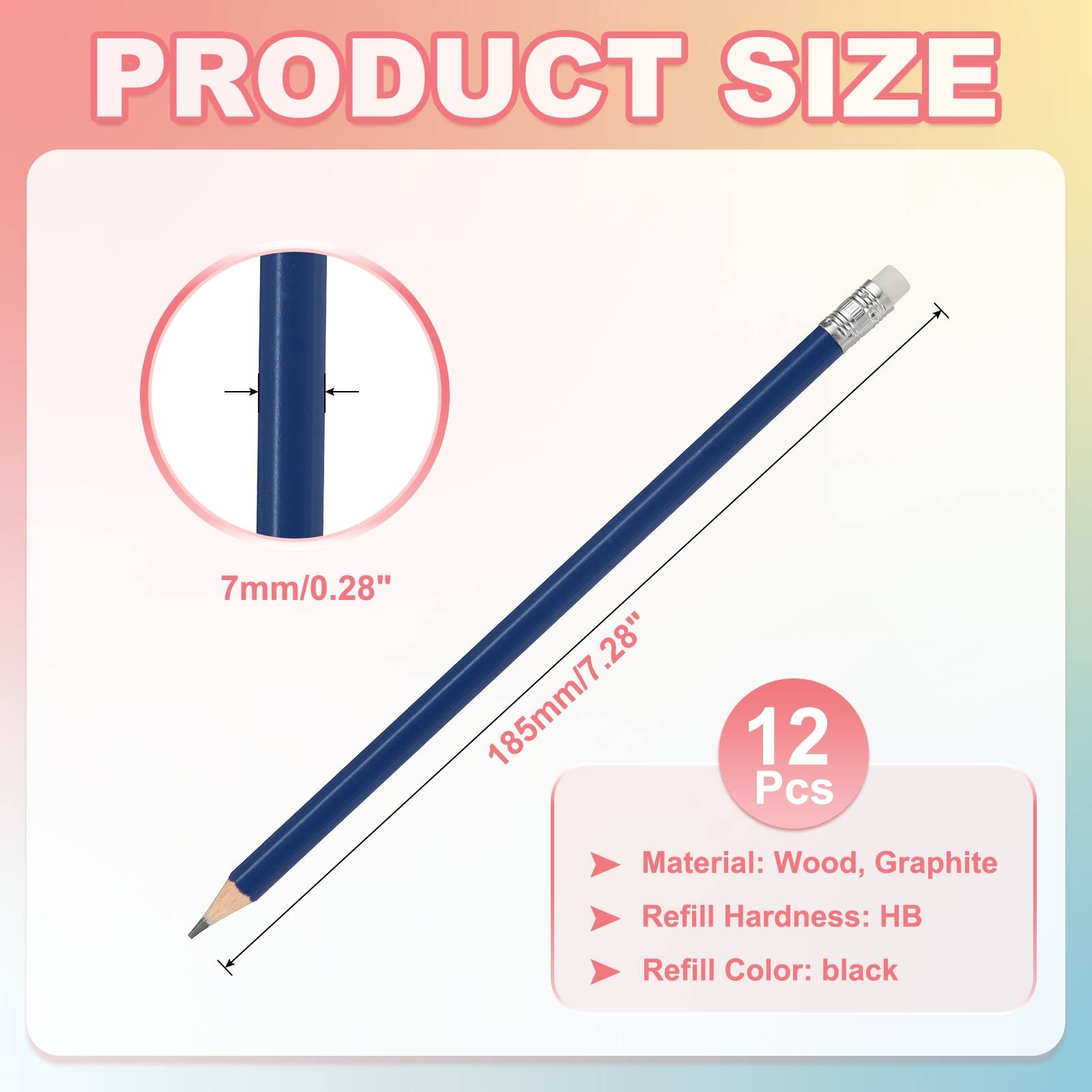 PRODUCT SIZE  
7mm/0.28"  
185mm/7.28"  
12 Pcs  
Material: Wood, Graphite  
Refill Hardness: HB  
Refill Color: black
