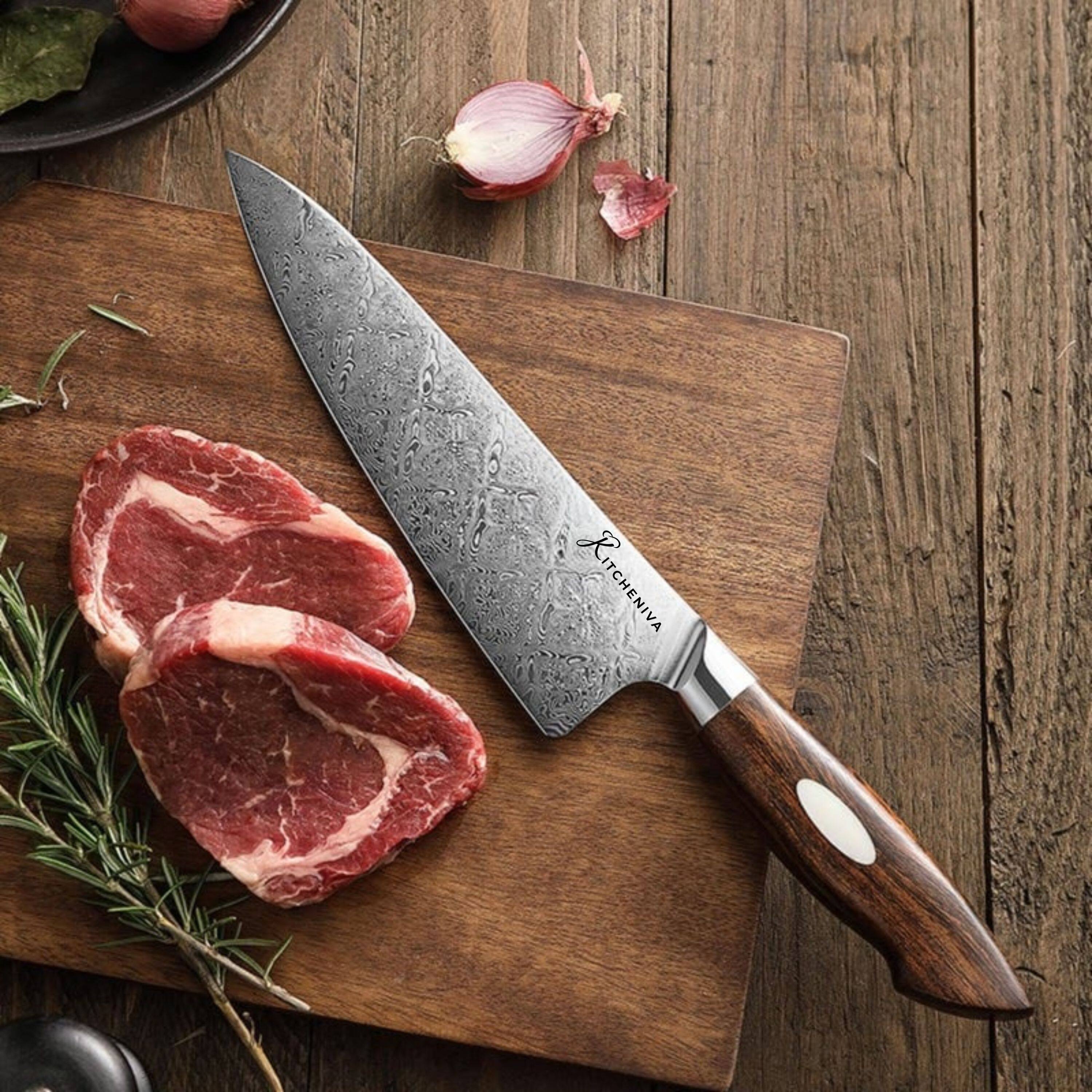Left. Kitcheniva - 8-Inch 110 Layer Dual Core Damascus Steel Chefs Knife with Iron Wood Handle.