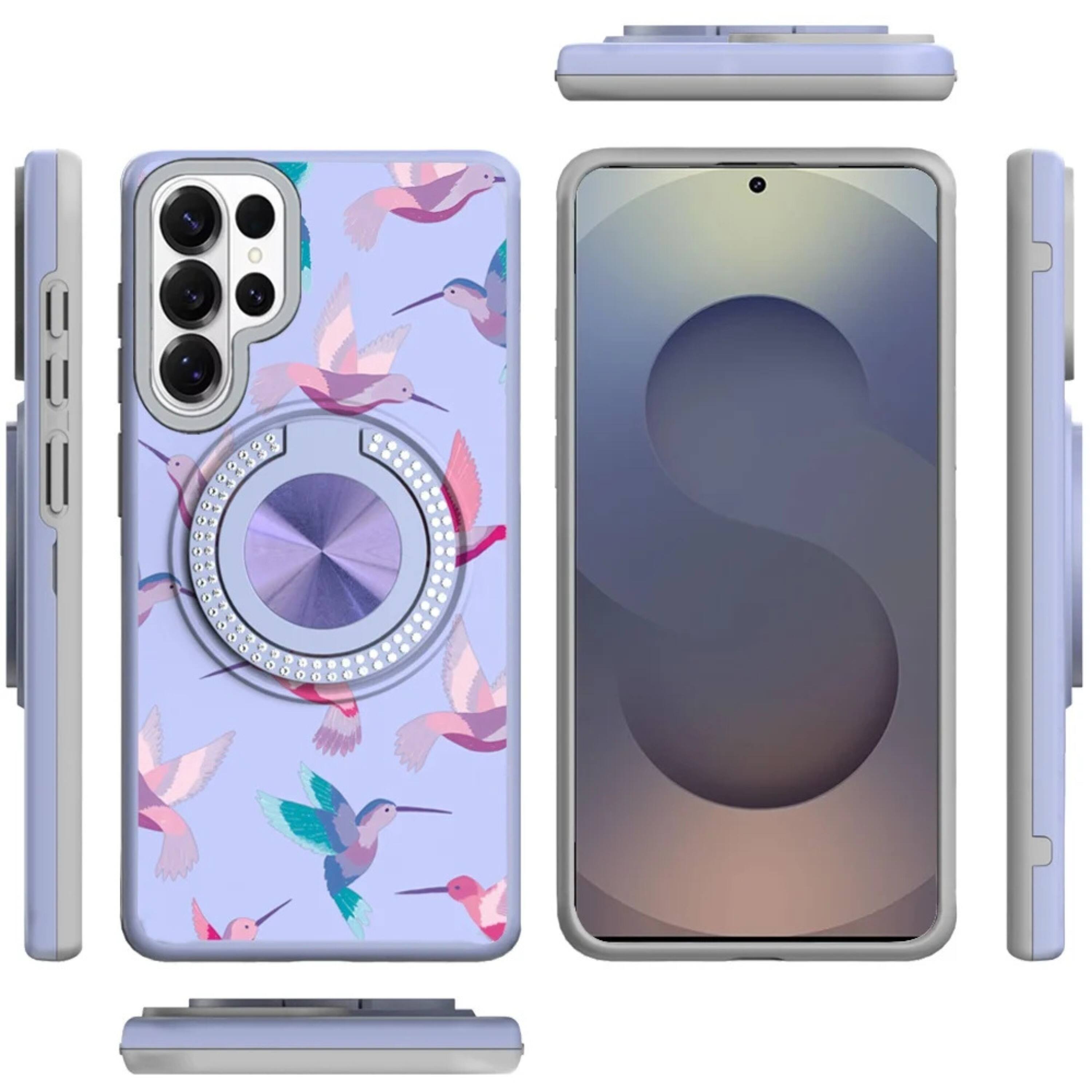 Angle. Kitcheniva - Stylish Bling Ring Stand Protective Case With Tempered Glass For Samsung S26 Ultra Hummingbird - Humming Bird.
