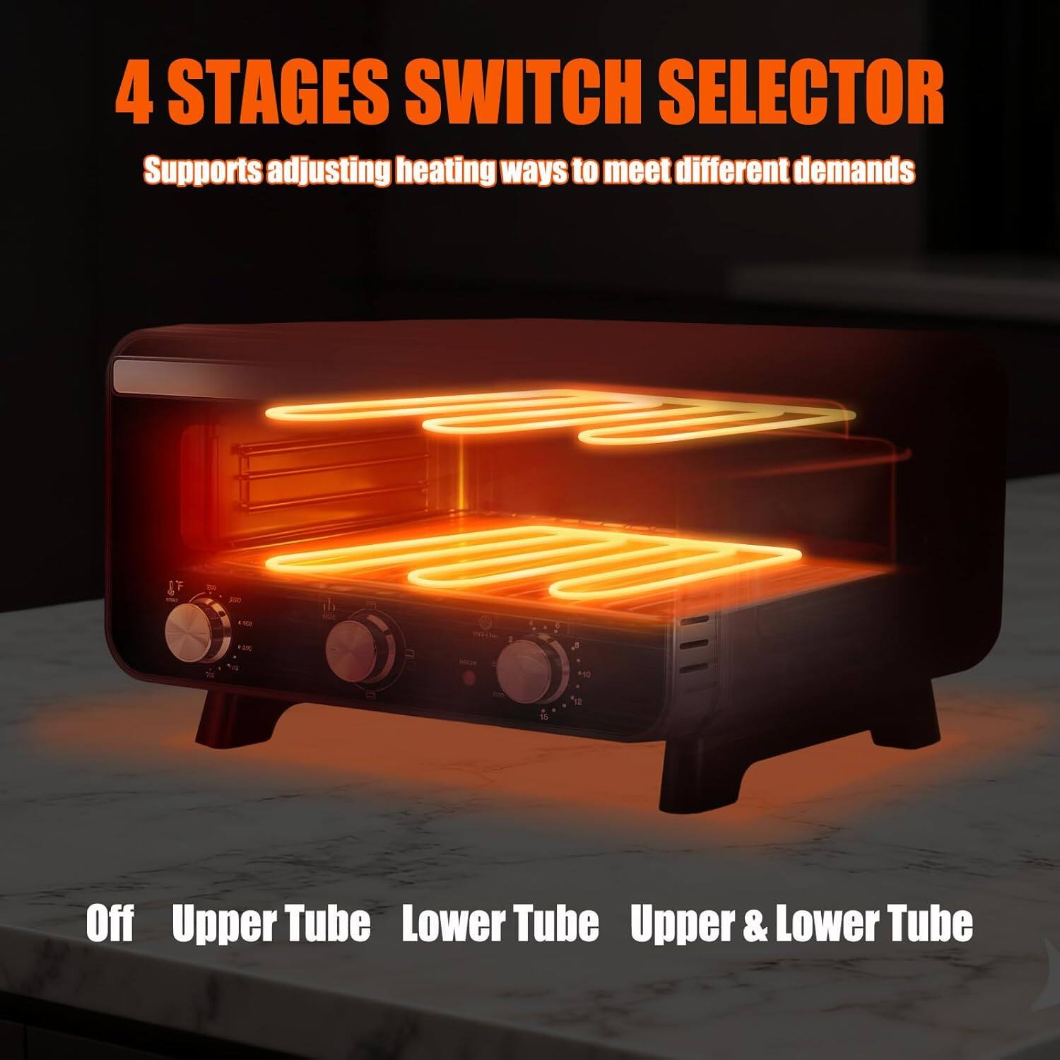 4 STAGES SWITCH SELECTOR  
Supports adjusting heating ways to meet different demands  

Off  
Upper Tube  
Lower Tube  
Upper & Lower Tube