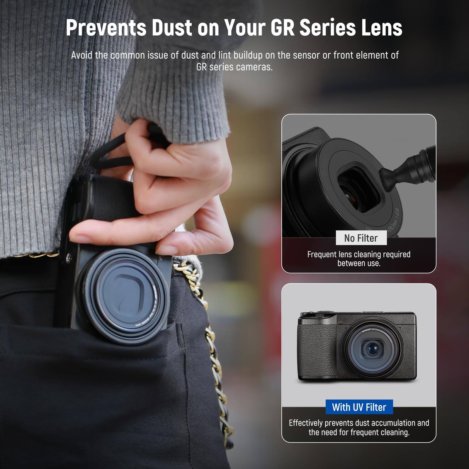 Prevents Dust on Your GR Series Lens

Avoid the common issue of dust and lint buildup on the sensor or front element of GR series cameras.

No Filter
Frequent lens cleaning required between use.

With UV Filter
Effectively prevents dust accumulation and the need for frequent cleaning.