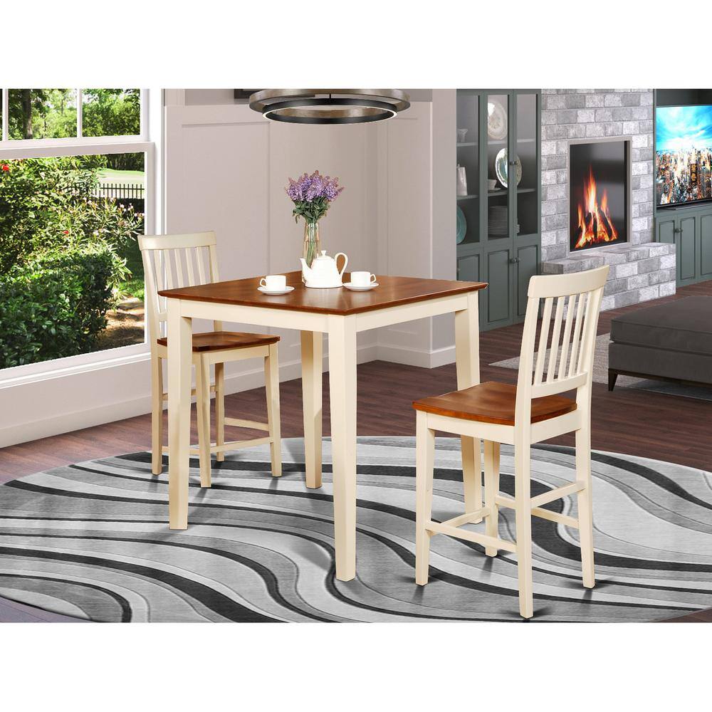 Back. East West Furniture - 3 Pc pub Table set-Square pub Table and 2 counter height Chairs - Buttermilk & Cherry.
