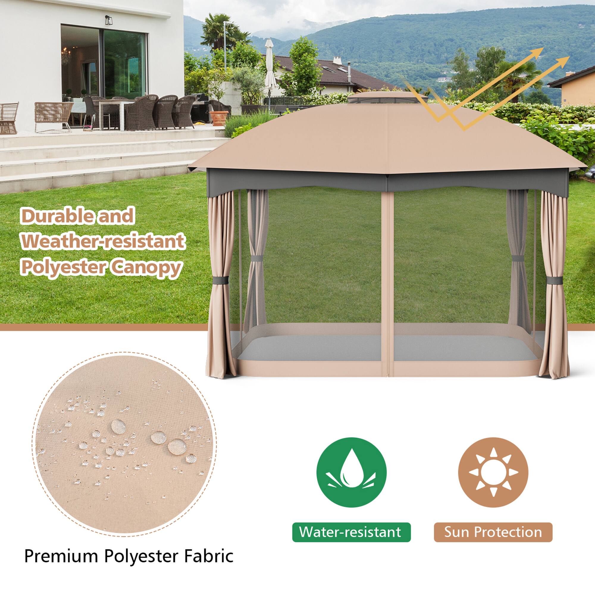 Durable and Weather-resistant Polyester Canopy  
Premium Polyester Fabric  
Water-resistant  
Sun Protection