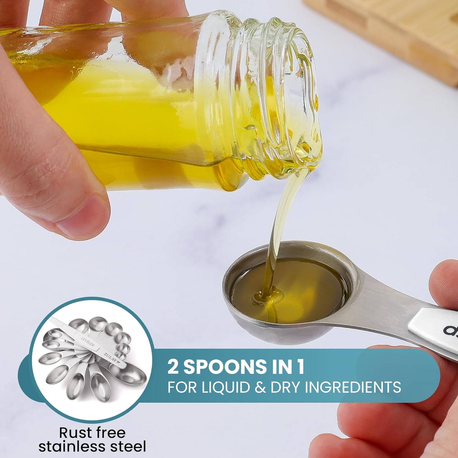 LEVRLER ZULAVY  
2 SPOONS IN 1 FOR LIQUID & DRY INGREDIENTS  
Rust free stainless steel