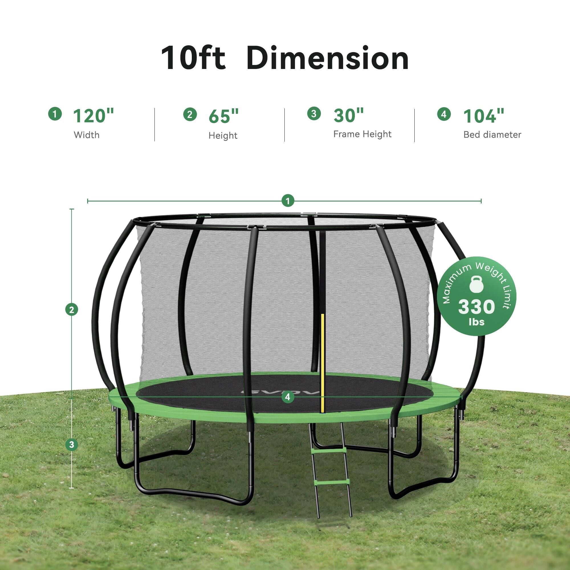 10ft Dimension

1. 120" Width
2. 65" Height
3. 30" Frame Height
4. 104" Bed diameter

Maximum Weight Limit: 330 lbs