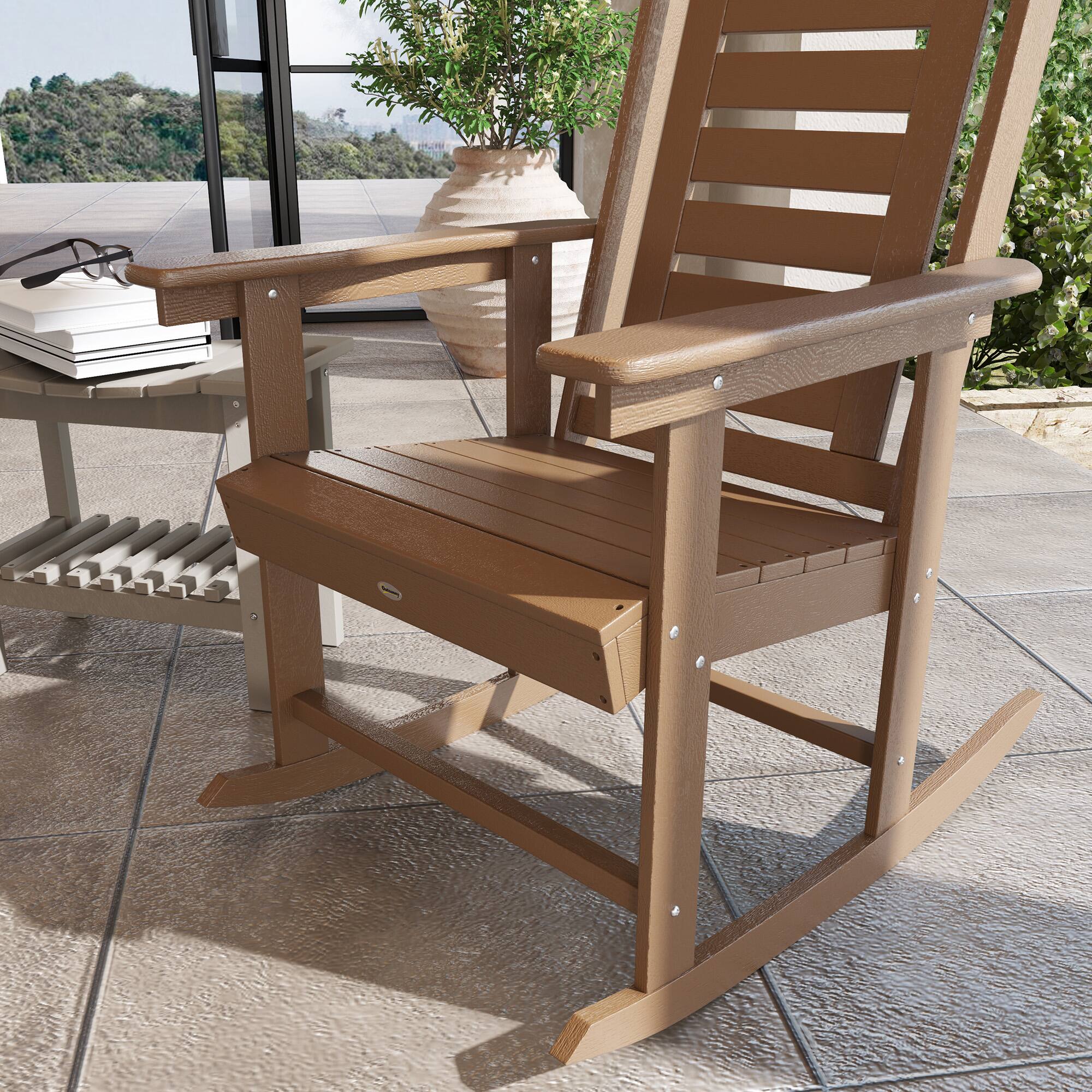 Alt View 8. Outsunny - Outdoor Rocking Chairs Set of 2, HDPE Patio Rocking Chairs with 28" High Back and Wide Armrests - Brown.