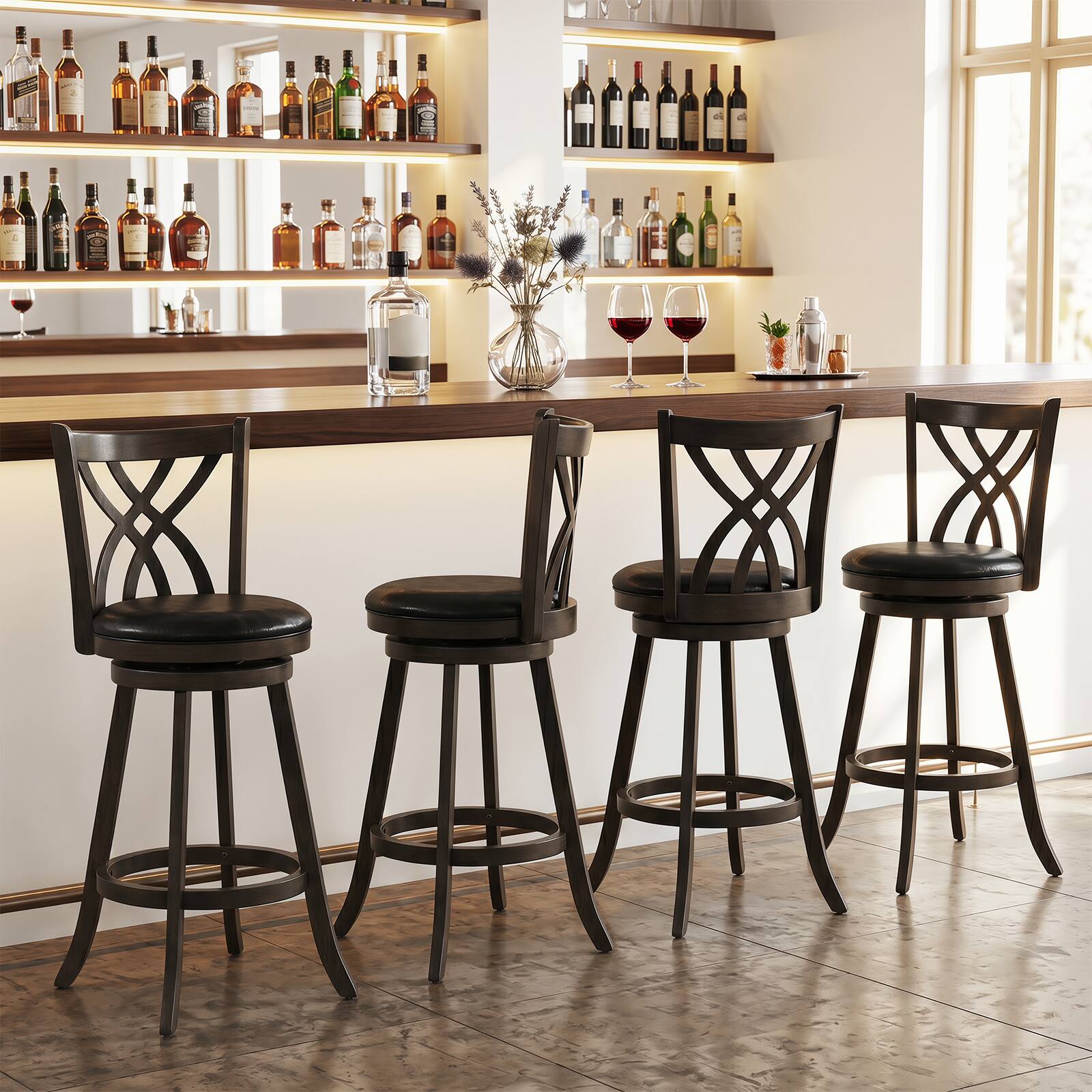 Alt View 4. Costway - Costway 29" Swivel Bar Stool Set of 2 with Rubber Wood Frame, Hollowed Backrest, Footrest - Dark Brown 29".