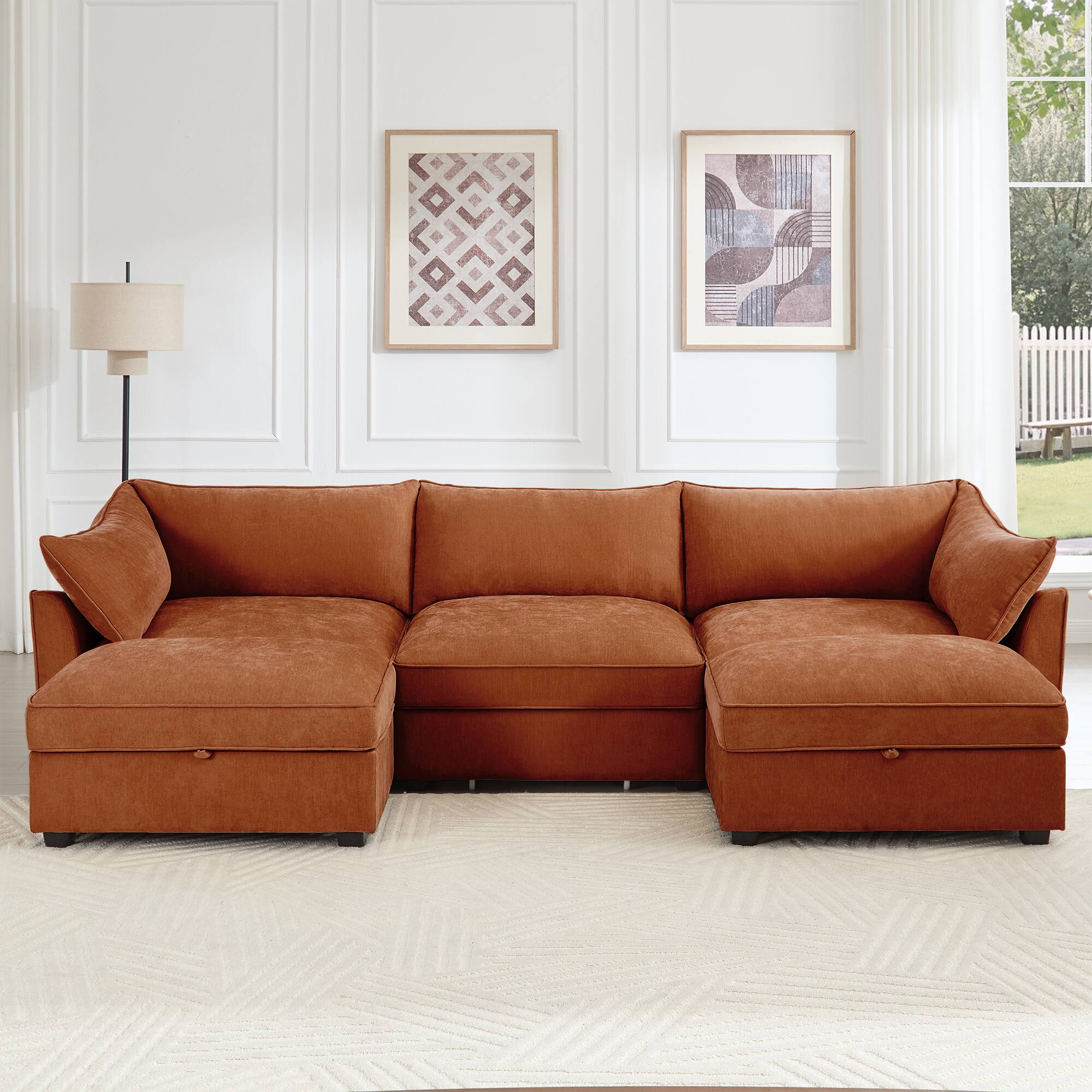 Front. Aukfa - U-Shaped 3-Seater Deep-Seat Sofa with 2 Footstools - Pull-Out Storage Drawers, Crescent Armrests, Chenille - Orange.