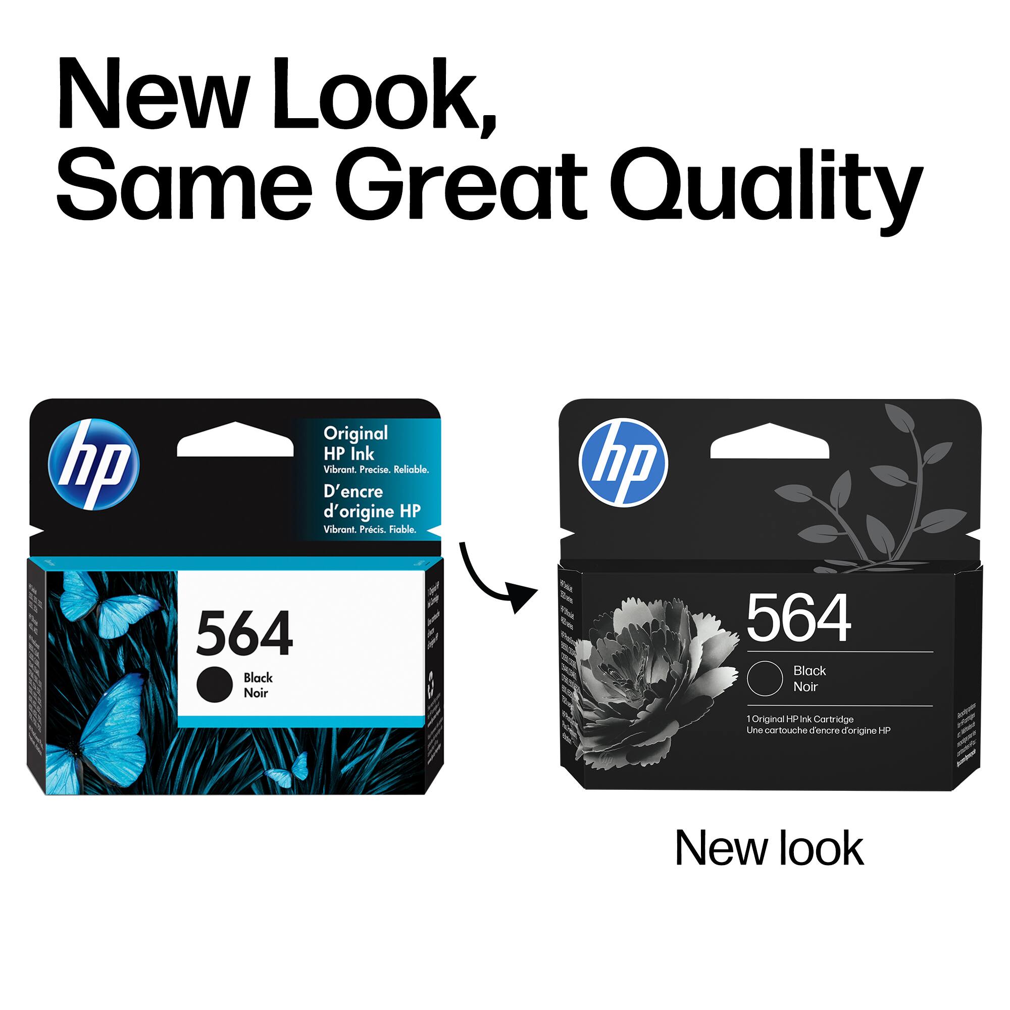 New Look, Same Great Quality

hp Original HP Ink Vibrant. Precise. Reliable.  
D'encre d'origine HP Vibrante. Précise. Fiable.  
hp 564 Black Noir / 564 Black Noir - Original HP Ink Cartridge Une cartouche d'encre d'origine HP

New look