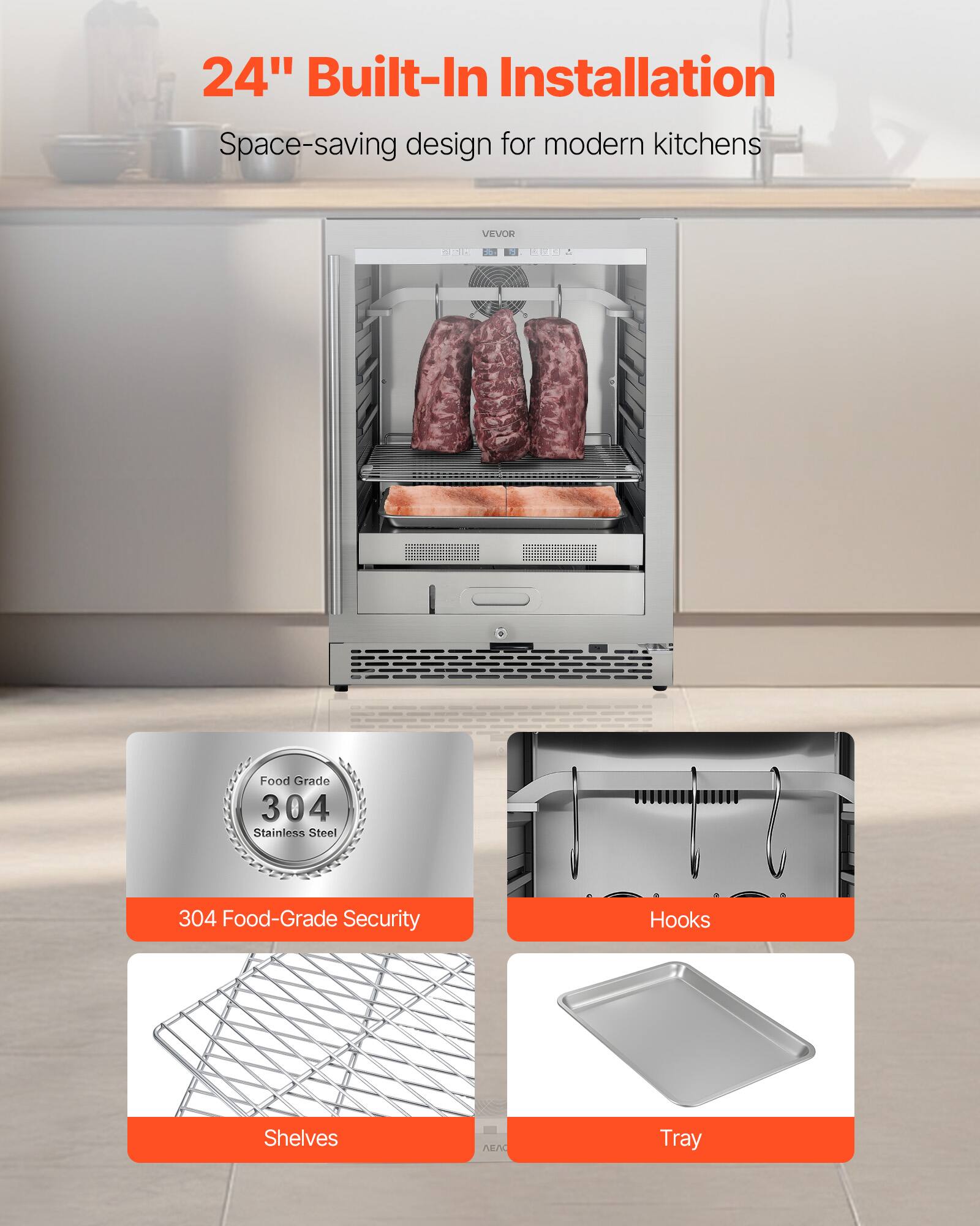 24" Built-In Installation  
Space-saving design for modern kitchens  

304 Food-Grade Security  
Hooks  
Shelves  
Tray