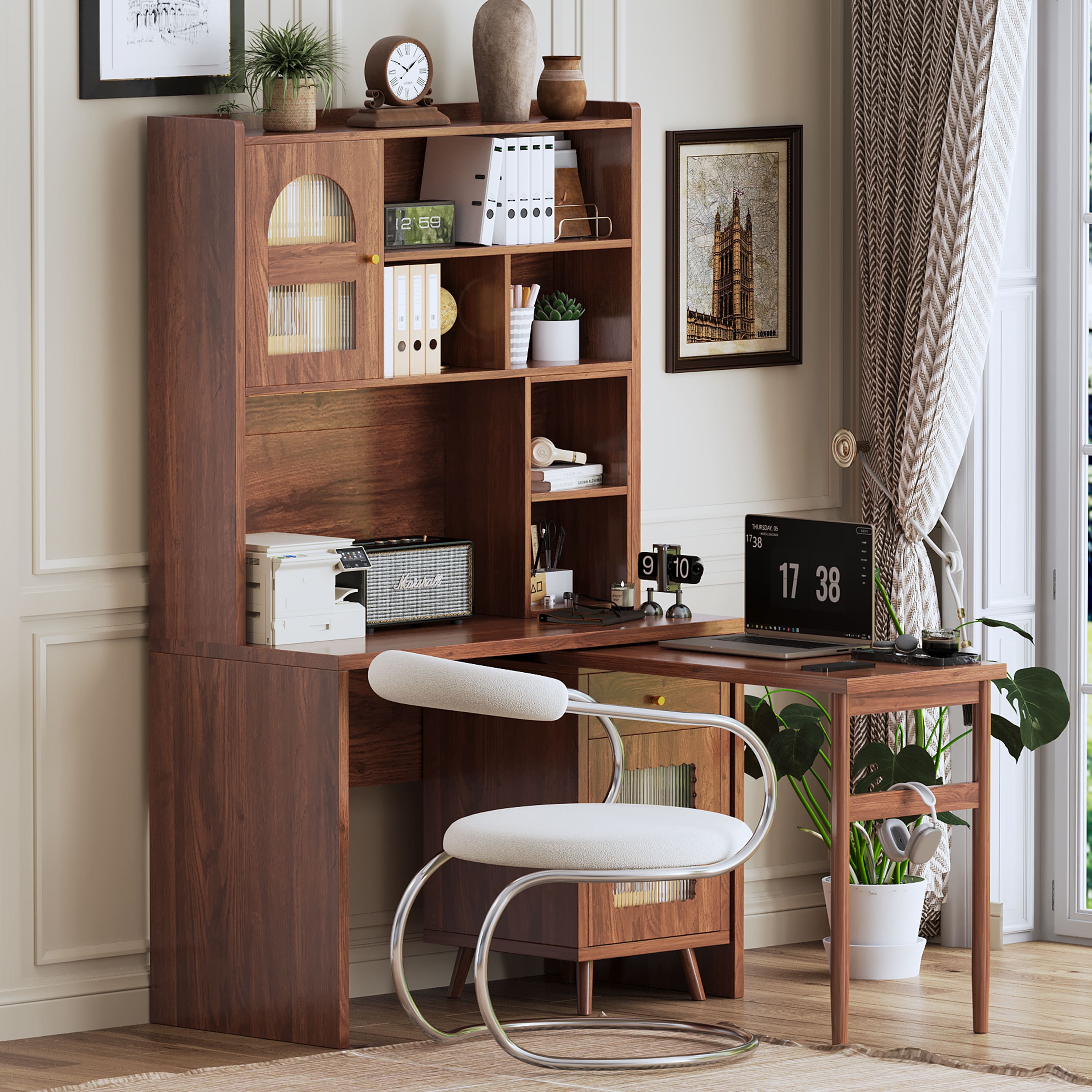 Tiramisubest - Computer Desk with 90°Rotating Desktop,43x70 Inch Office Desk with Storage Drawer and Cabinets,Gaming Desk with Shelves - Walnut