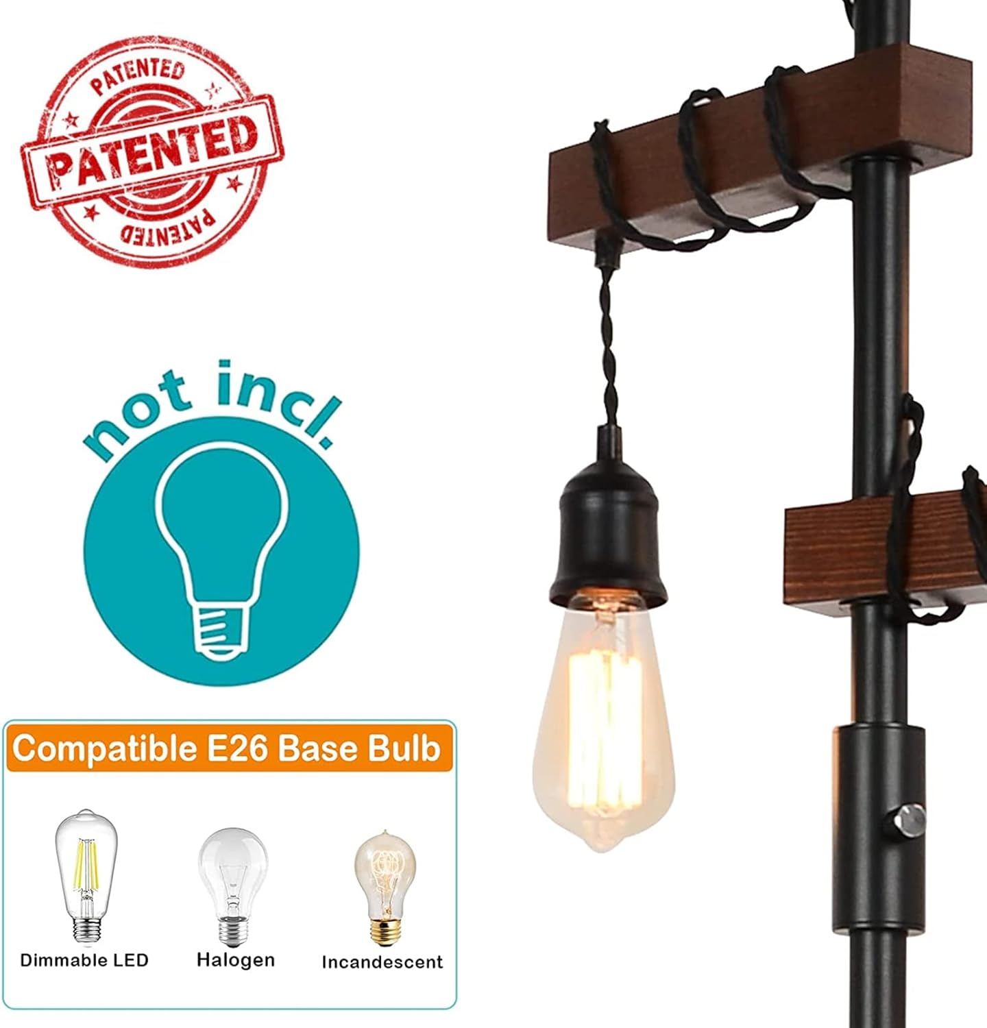 PATENTED  
not incl.  
Compatible E26 Base Bulb  
Dimmable LED  
Halogen  
Incandescent