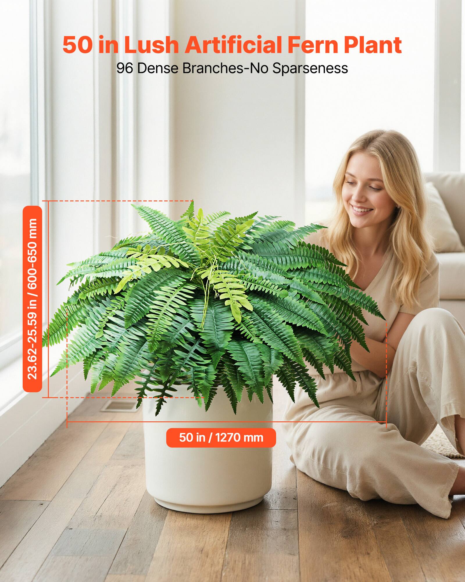 50 in Lush Artificial Fern Plant  
96 Dense Branches-No Sparseness  
23.62-25.59 in / 600-650 mm  
50 in / 1270 mm