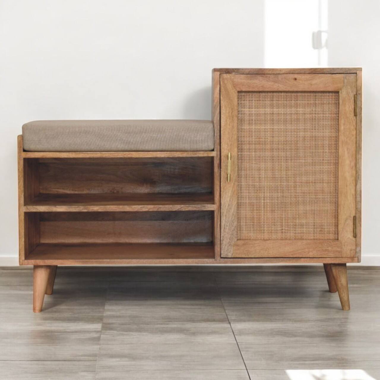 Angle. Artisan Furniture - Artisan Furniture Solid Wood Larissa 2 slot Oak-ish Bench Unit, Upholstered, 1 Door, 2 Shelves, Brown and White - Brown and White.