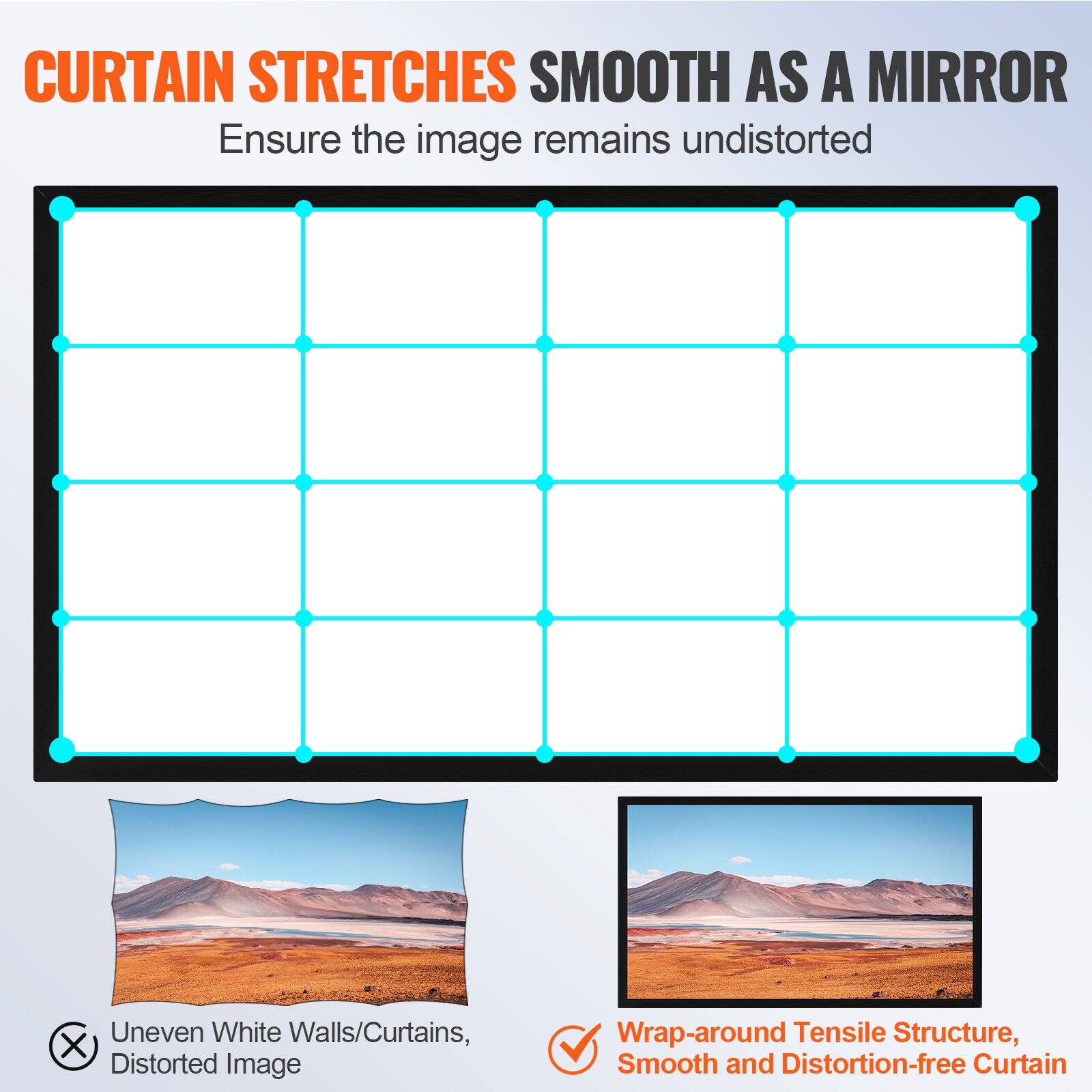 **CURTAIN STRETCHES SMOOTH AS A MIRROR**  
Ensure the image remains undistorted

- Uneven White Walls/Curtains, Distorted Image
- Wrap-around Tensile Structure, Smooth and Distortion-free Curtain
