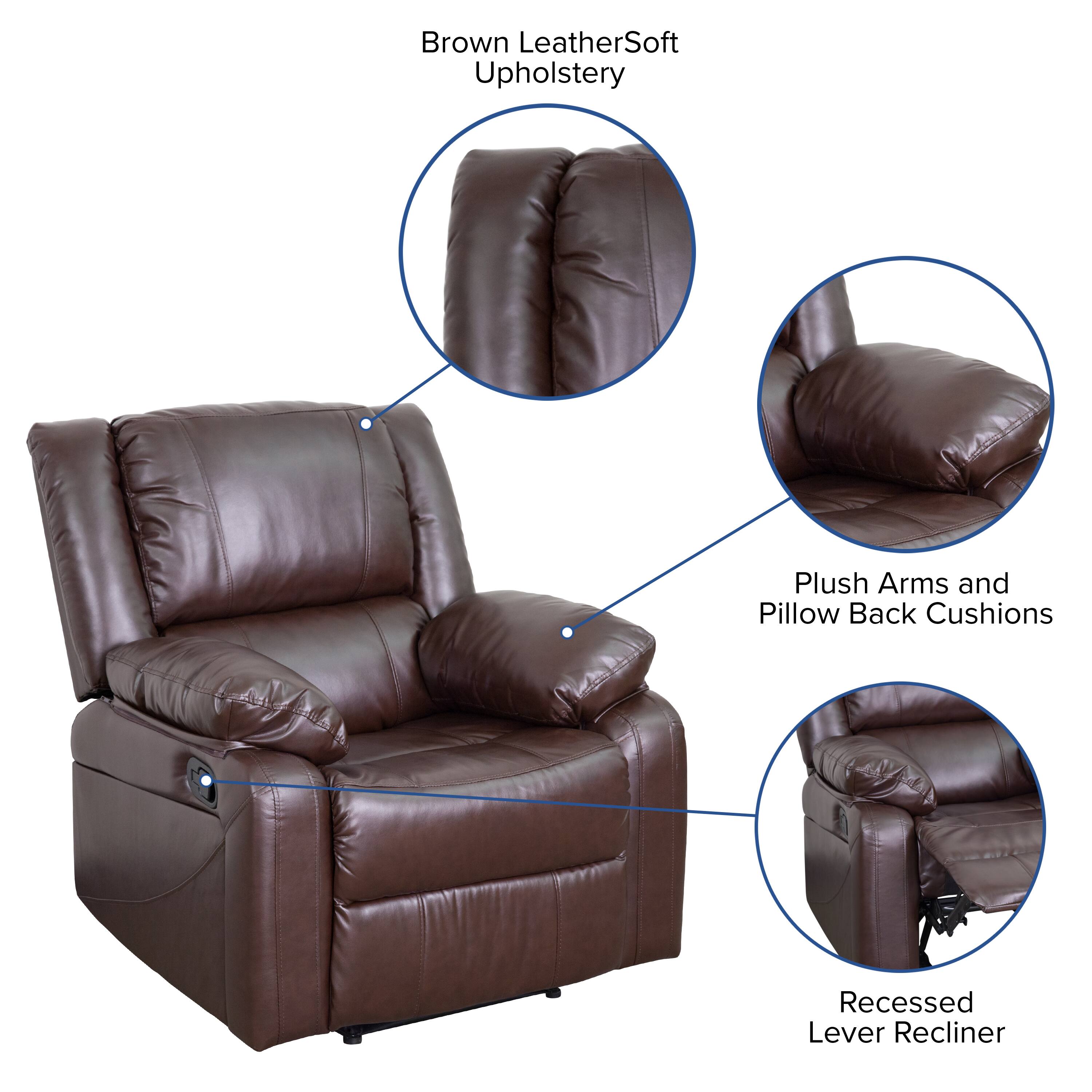 Brown LeatherSoft Upholstery  
Plush Arms and Pillow Back Cushions  
Recessed Lever Recliner