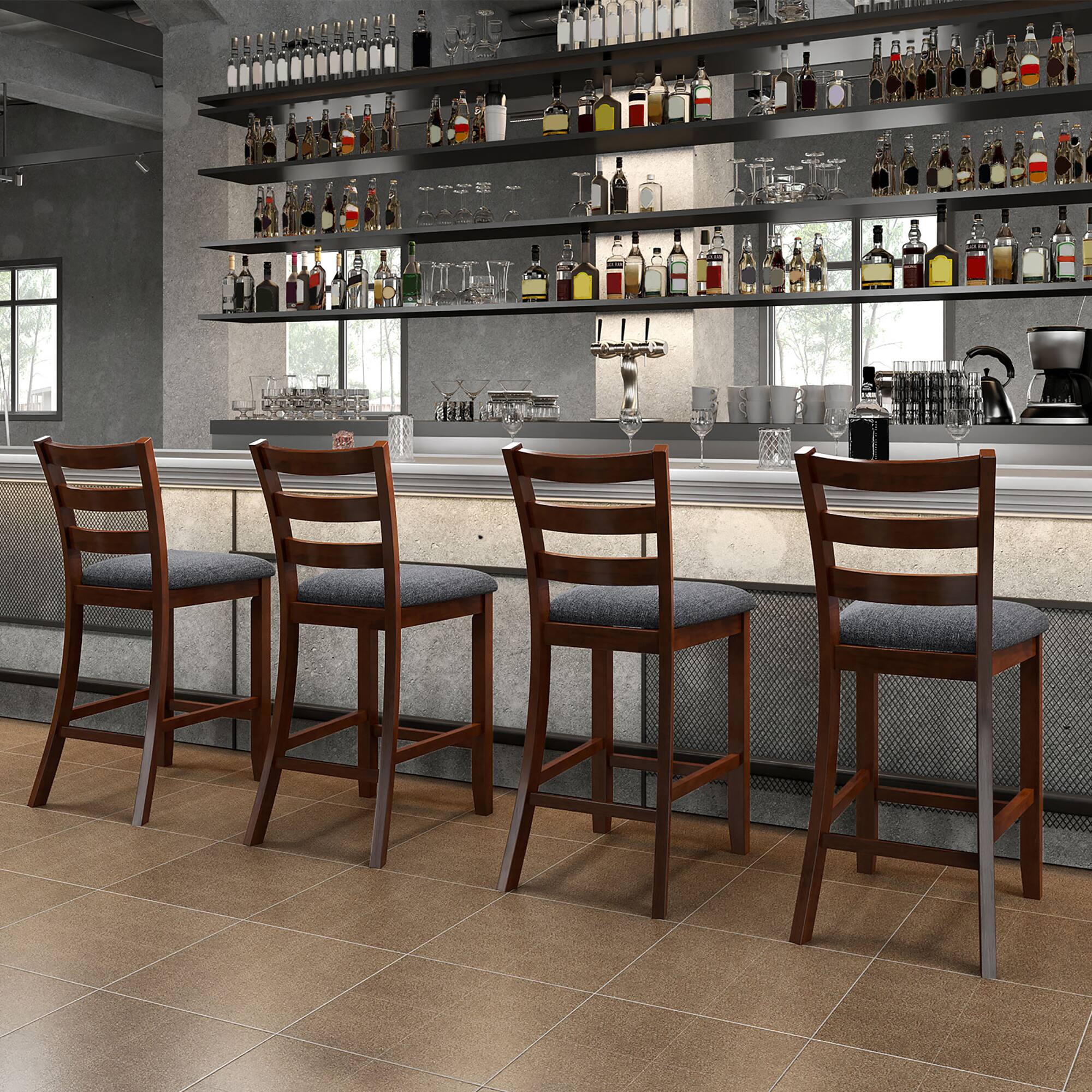 Alt View 3. Gymax - Gymax Wood Bar Stools Set of 4 Counter Height Chairs w/ Faux Leather Upholstered Seat - Espresso, Gray.