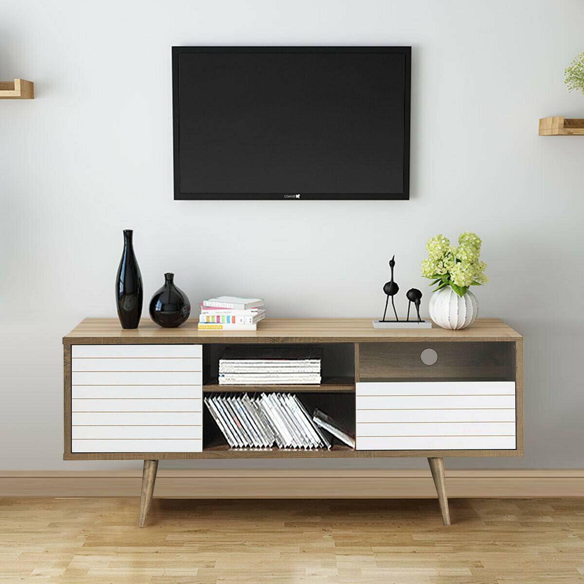 Alt View 14. Costway - Modern TV Stand/Console Cabinet 3 Shelves Storage Drawer Splayed Leg Wood/White - Oak/White.