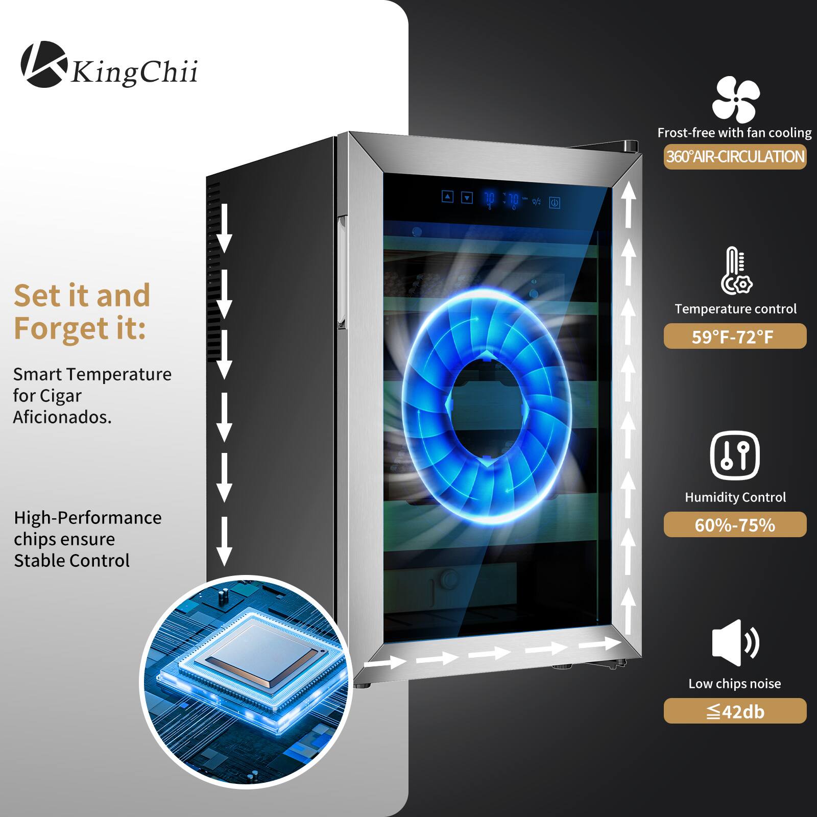 KingChii Frost-free with fan cooling 360° AIR-CIRCULATION

Set it and Forget it: Smart Temperature for Cigar Aficionados.

High-Performance chips ensure Stable Control

Temperature control: 59°F-72°F

Humidity Control: 60%-75%

Low chips noise: ≤42dB
