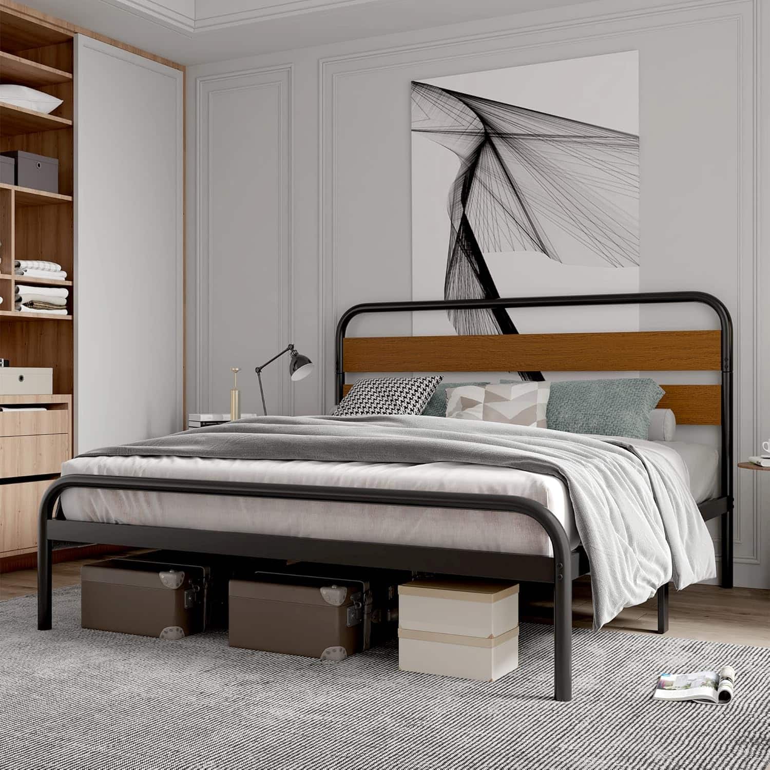 GARVEE - King Platform Bed Frame with Upholstered Headboard & Under-Bed Storage, Noise-Free, Easy Assembly - Sandalwood Brown