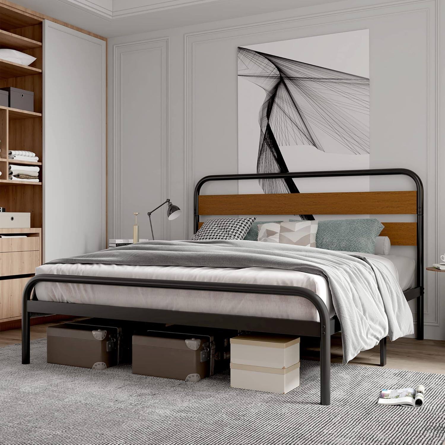 GARVEE - King Platform Bed Frame with Upholstered Headboard & Under-Bed Storage, Noise-Free, Easy Assembly - Sandalwood Brown