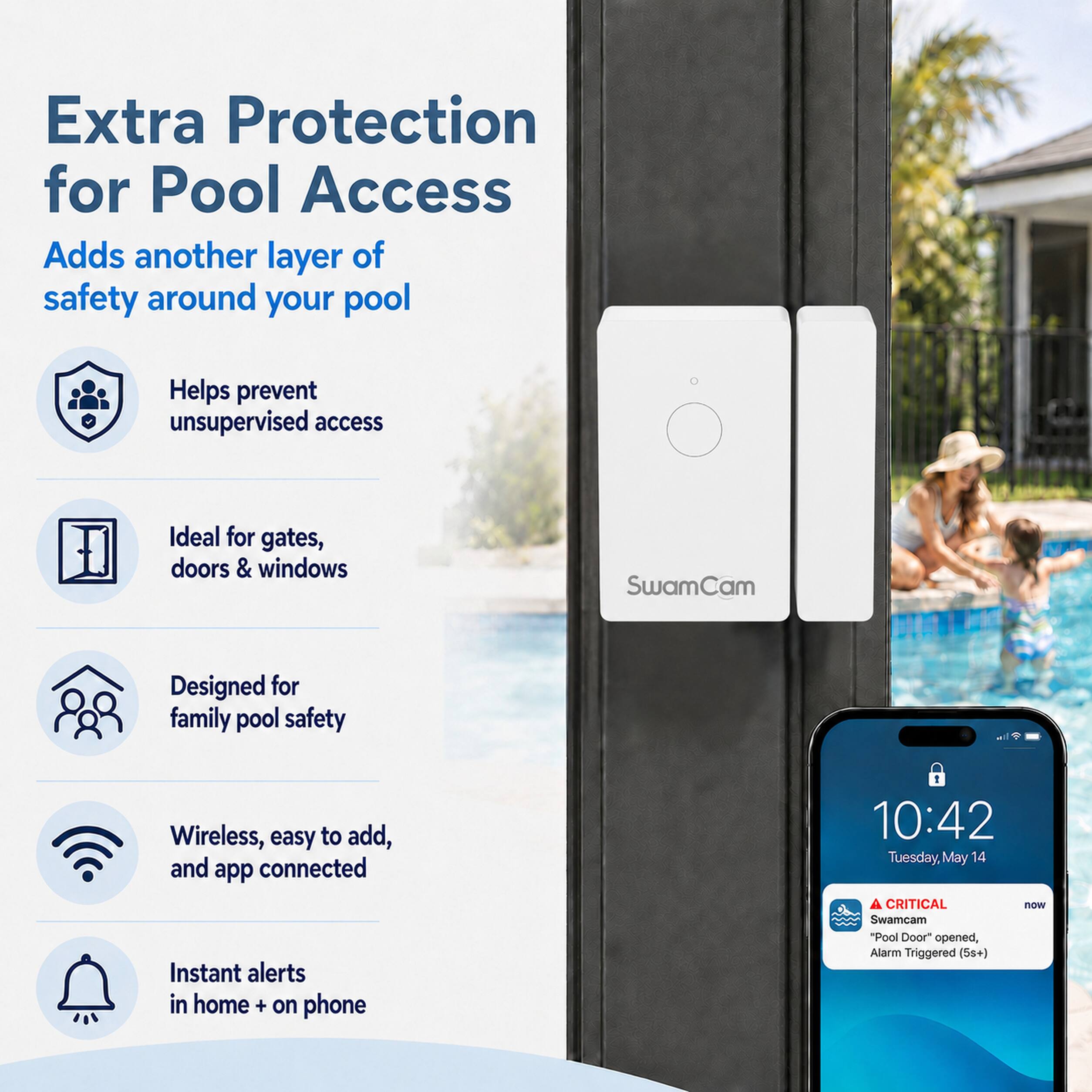 Extra Protection for Pool Access  
Adds another layer of safety around your pool  
Helps prevent unsupervised access  
Ideal for gates, doors & windows  
SwamCam  
Designed for family pool safety  
Wireless, easy to add, and app connected  
Instant alerts in home + on phone  

10:42 Tuesday, May 14  
A CRITICAL now Swamcam "Pool Door" opened, Alarm Triggered (5s+)