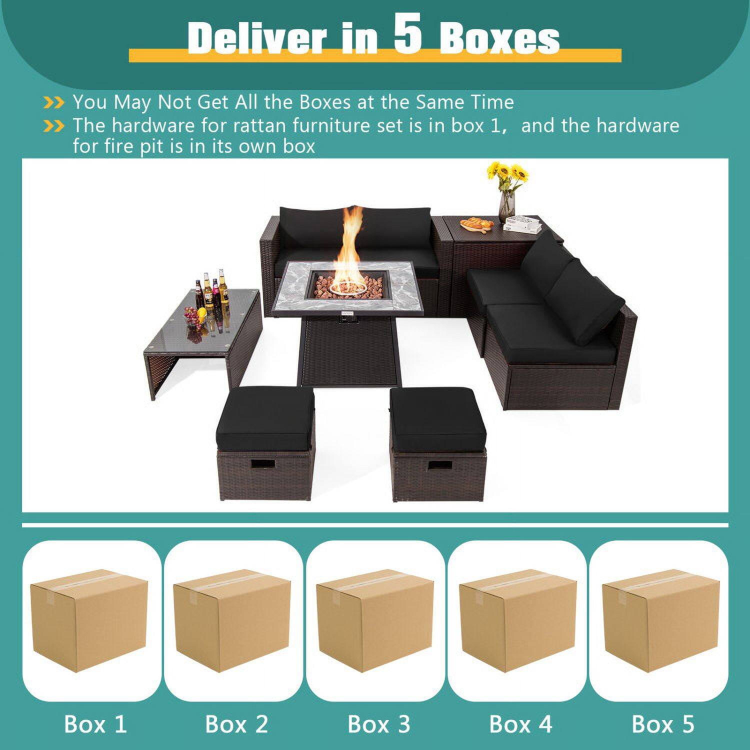 Deliver in 5 Boxes

>> You May Not Get All the Boxes at the Same Time

>> The hardware for rattan furniture set is in box 1, and the hardware for fire pit is in its own box

Box 1 Box 2 Box 3 Box 4 Box 5