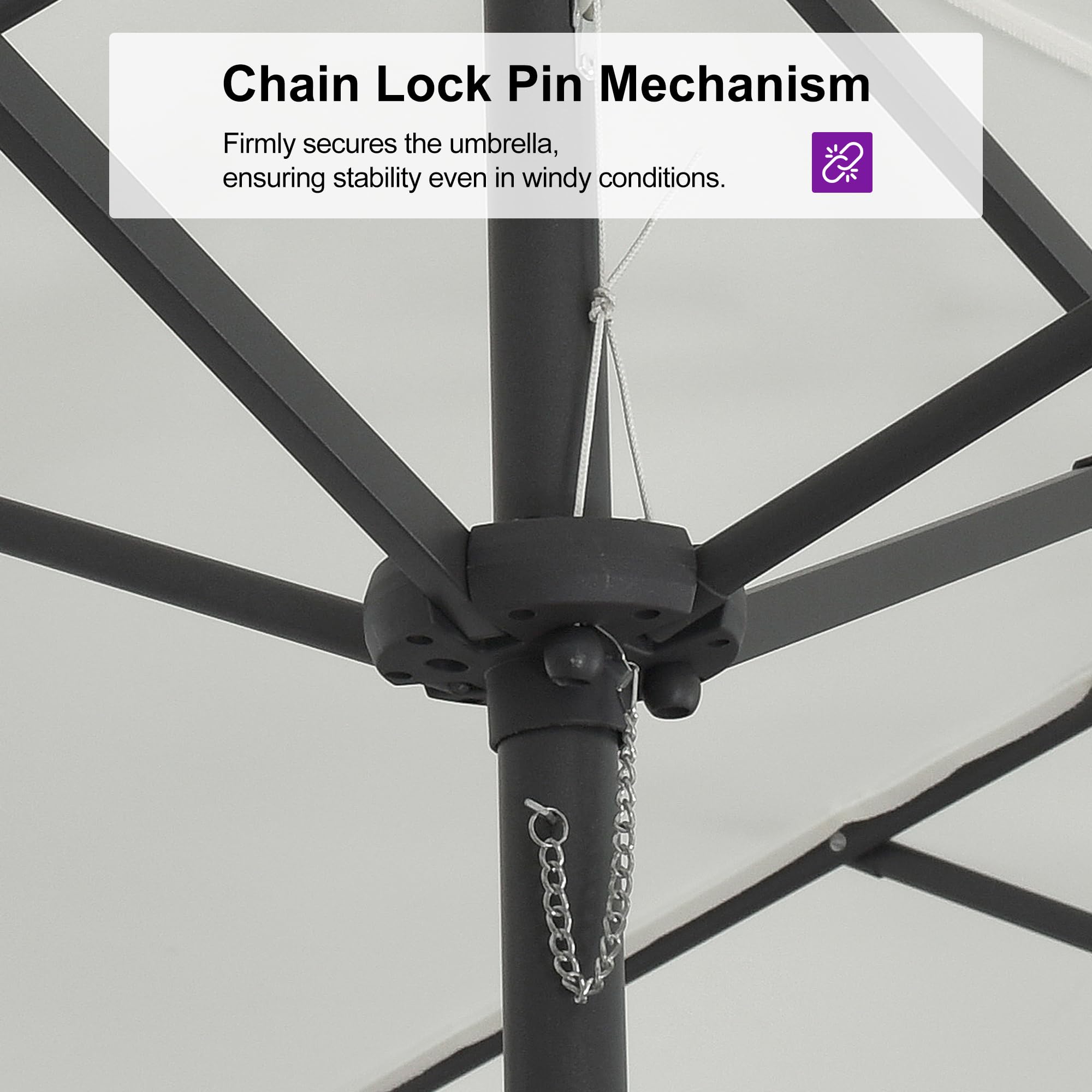 Chain Lock Pin Mechanism  
Firmly secures the umbrella, ensuring stability even in windy conditions.
