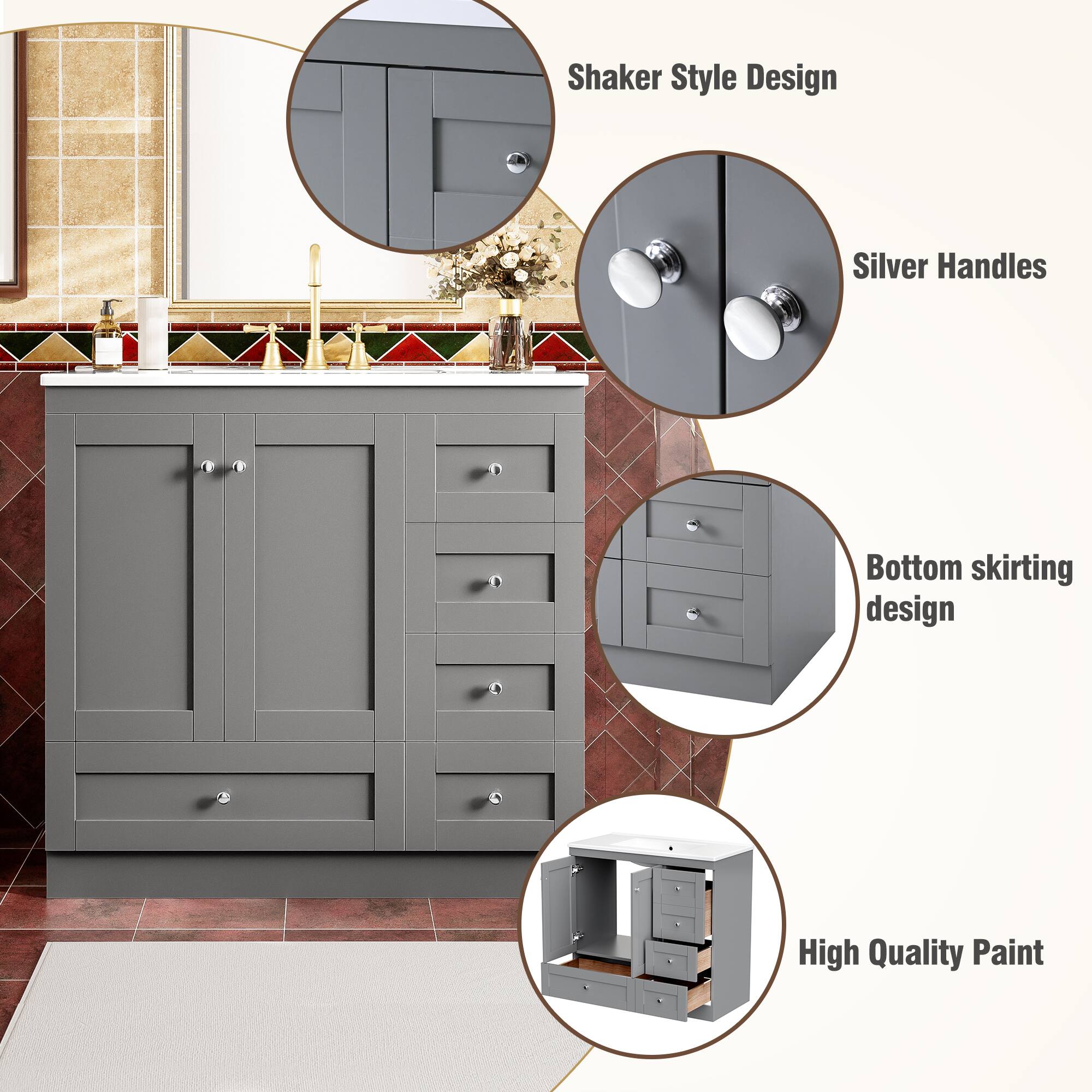 Shaker Style Design  
Silver Handles  
Bottom Skirting Design  
High Quality Paint