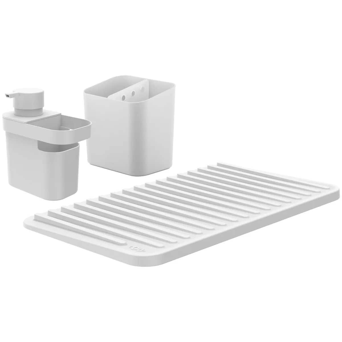 OU - Kitchen Sink Organizer Set 3pc, Drying Mat, Soap Dispenser with Sponge Holder & Cutlery Drainer - White