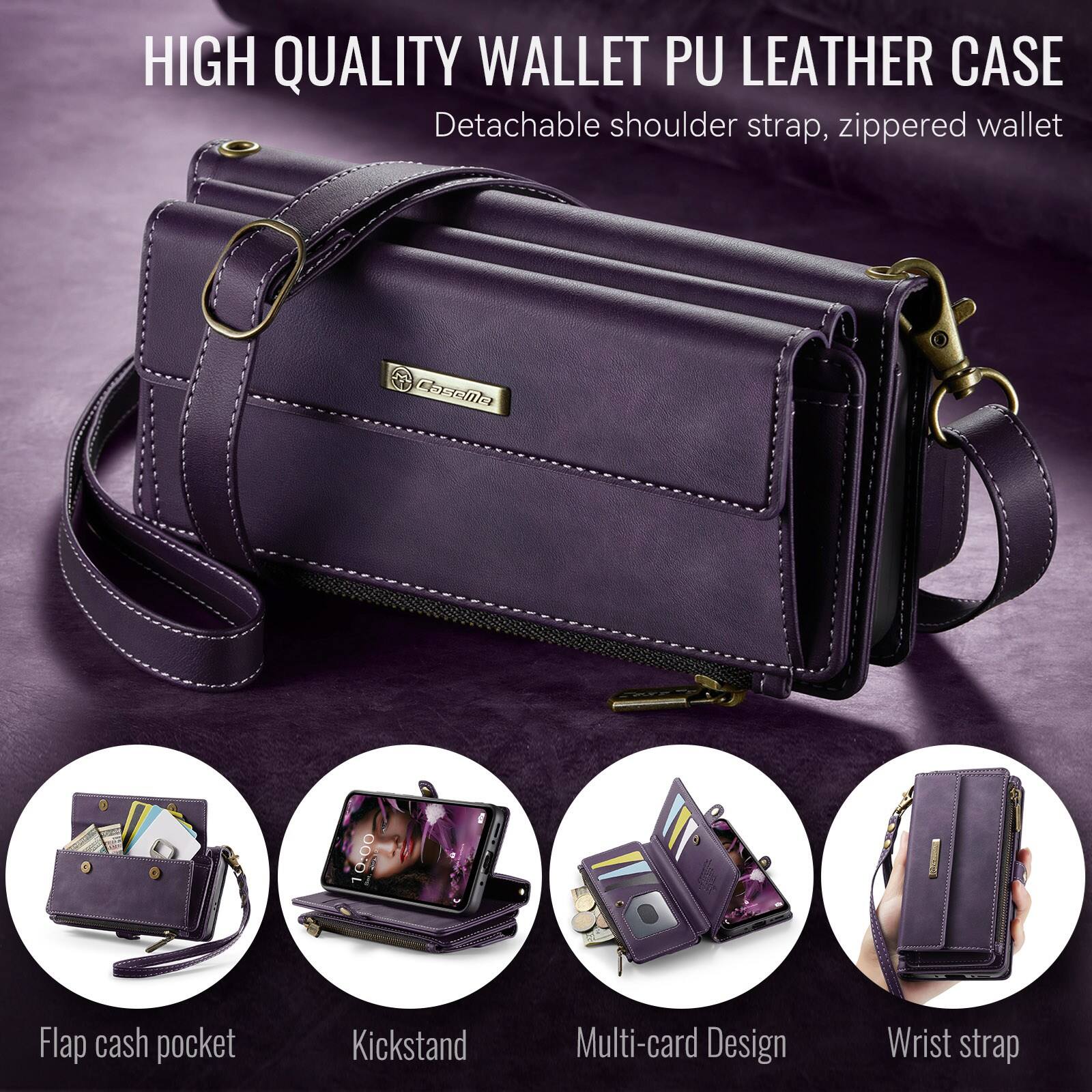 HIGH QUALITY WALLET PU LEATHER CASE  
Detachable shoulder strap, zippered wallet  
Flap cash pocket  
Kickstand  
Multi-card Design  
Wrist strap