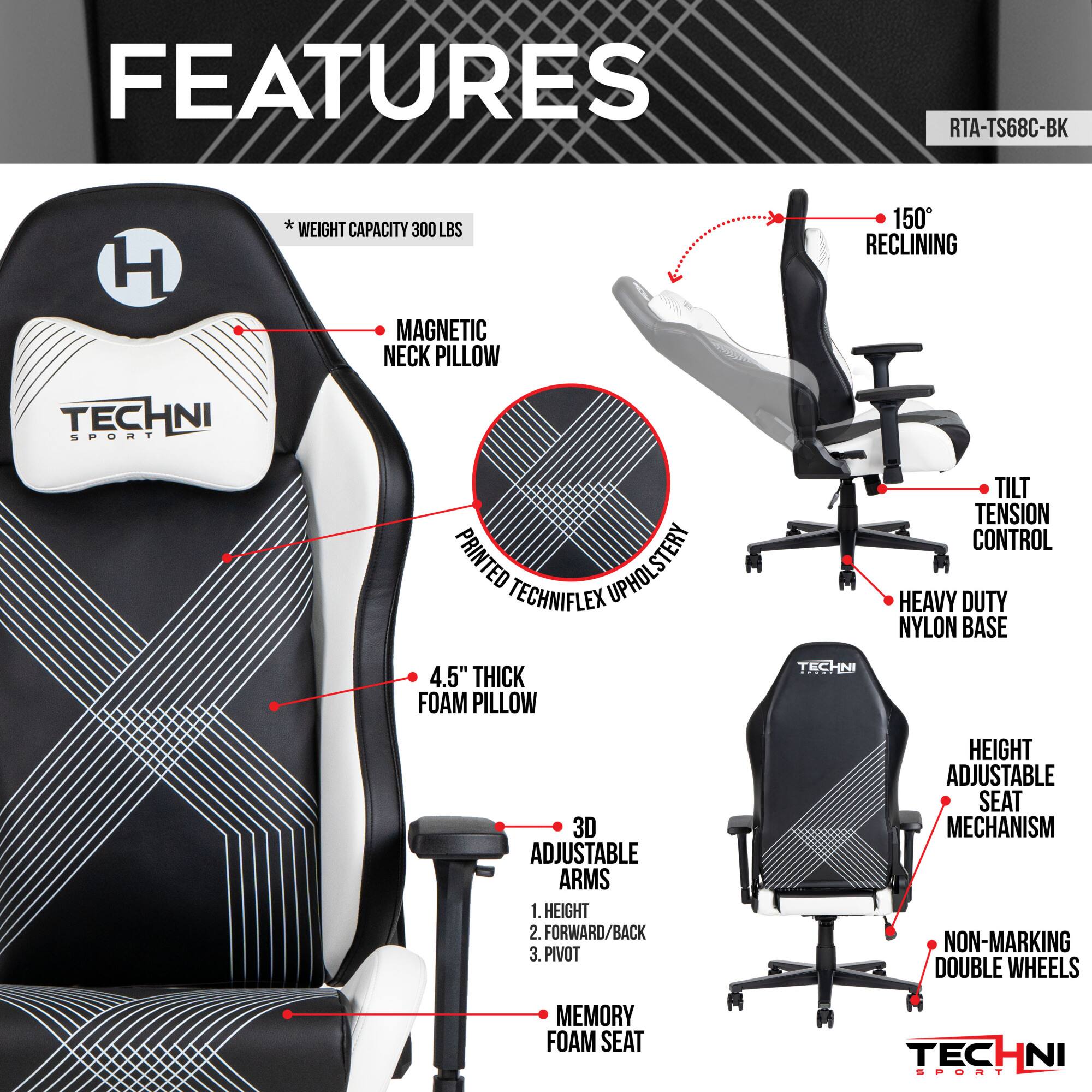 Sure, here is the corrected and grouped text from the image:

---

**FEATURES**

- **RTA-TS68C-BK**
- **TECHNI SPORT**

1. **WEIGHT CAPACITY 300 LBS**
2. **MAGNETIC NECK PILLOW**
3. **PRINTED TECHNIFLEX UPHOLSTERY**
4. **4.5" THICK FOAM PILLOW**
5. **150° RECLINING**
6. **TILT TENSION CONTROL**
7. **HEAVY DUTY NYLON BASE**
8. **3D ADJUSTABLE ARMS**
   - 1. HEIGHT
   - 2. FORWARD/BACK
   - 3. PIVOT
9. **ADJUSTABLE SEAT MECHANISM**
10. **NON-MARKING DOUBLE WHEELS**
11. **MEMORY FOAM SEAT**

---

This text is organized to reflect the features of the chair as shown in the image.