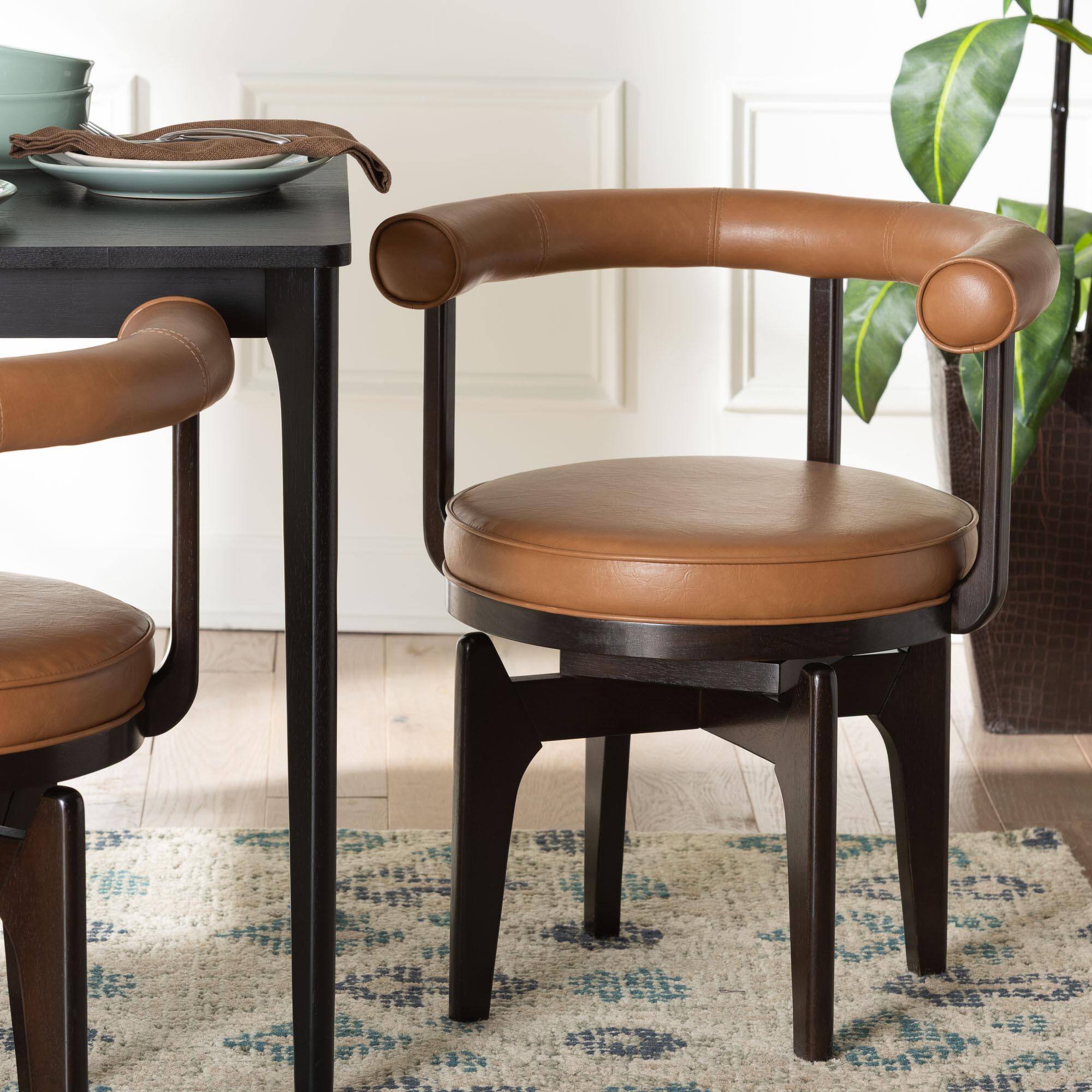 Alt View 4. Baxton Studio - Delacruz Swivel Dining Chair - Round Open Back Accent Chair with Faux Leather Upholstery, Modern Contemporary - Tan/Black.