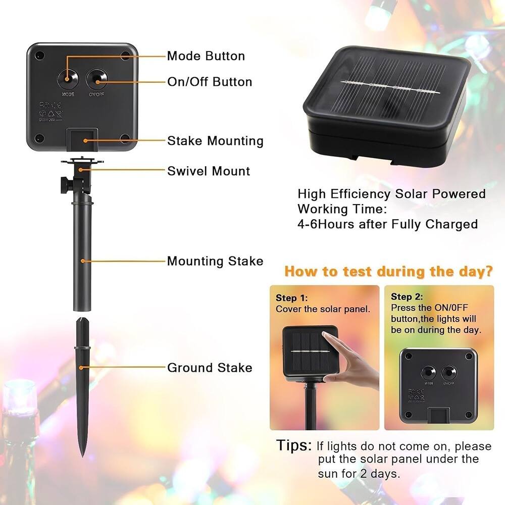 Mode Button  
On/Off Button  
Stake Mounting  
Swivel Mount  
Mounting Stake  
Ground Stake  

High Efficiency Solar Powered  
Working Time: 4-6 Hours after Fully Charged  

How to test during the day?  
Step 1: Cover the solar panel.  
Step 2: Press the ON/OFF button, the lights will be on during the day.  

Tips: If lights do not come on, please put the solar panel under the sun for 2 days.