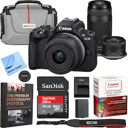 Bundle - Canon - EOS R50 Mirrorless Camera with 2 Lens Kit 18-45mm + 75-300mm Premier