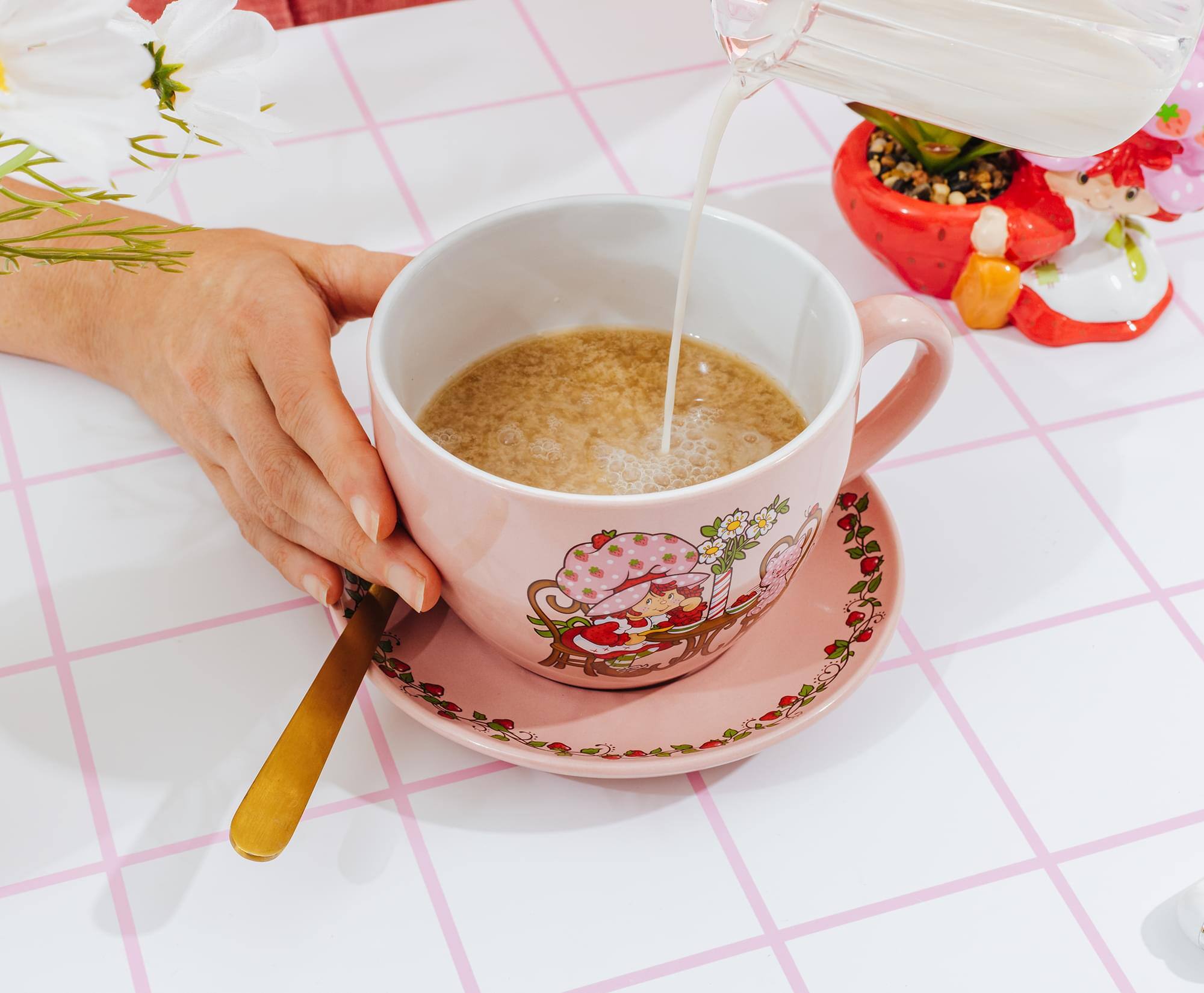 Alt View 4. Silver Buffalo - Strawberry Shortcake Tea Party Ceramic Teacup and Saucer Set | Holds 22 Ounces - Pink.