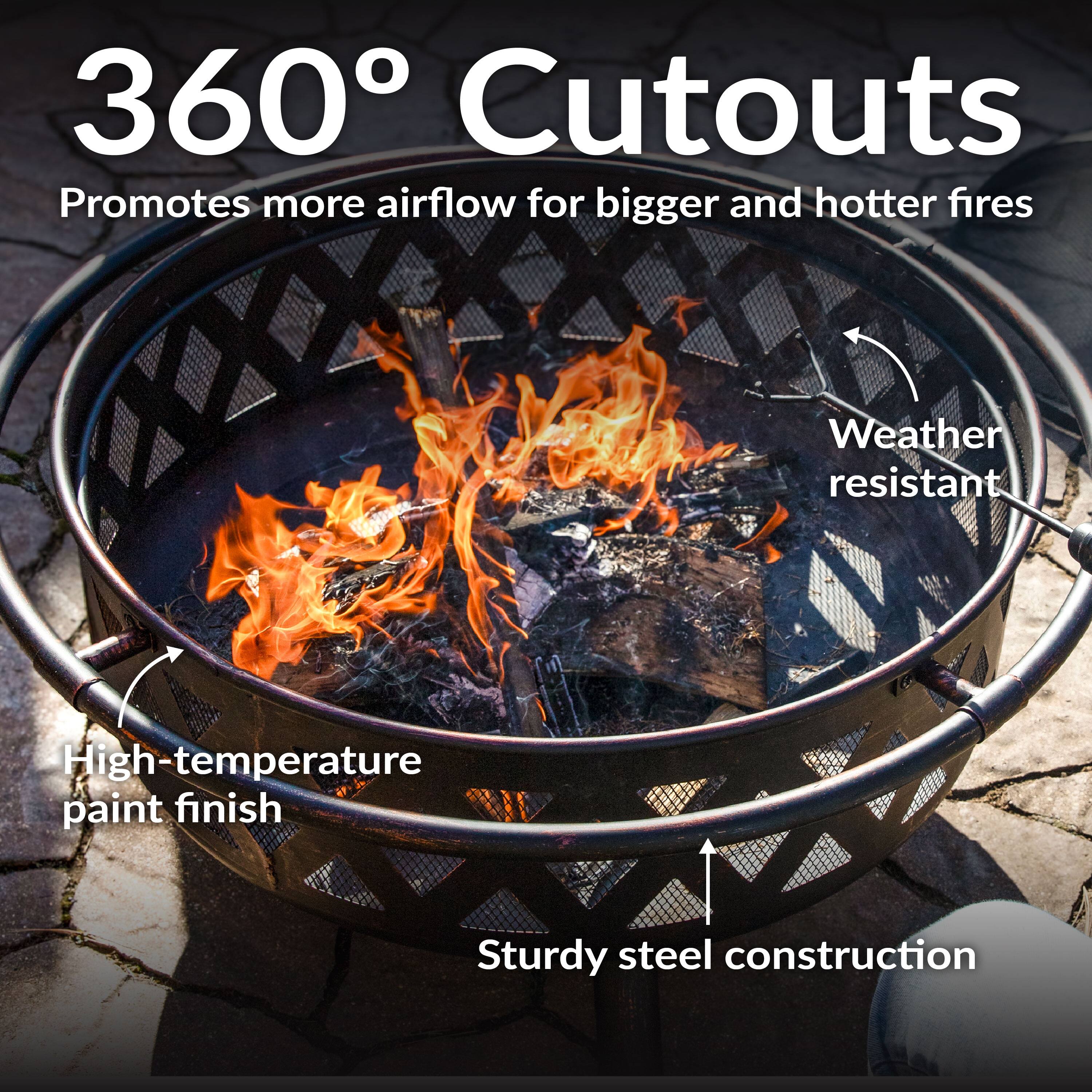 360° Cutouts  
Promotes more airflow for bigger and hotter fires  

- Weather resistant  
- High-temperature paint finish  
- Sturdy steel construction