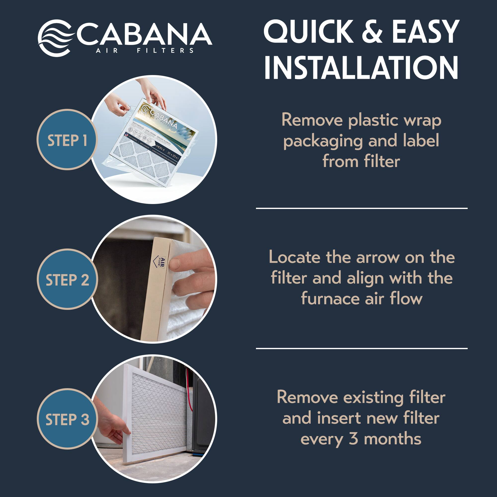 CABANA QUICK & EASY AIR FILTERS INSTALLATION

STEP 1  
Remove plastic wrap packaging and label from filter

STEP 2  
Locate the arrow on the filter and align with the furnace air flow

STEP 3  
Remove existing filter and insert new filter every 3 months
