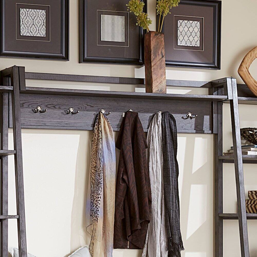 Left. Liberty Furniture Industries - Mill Creek Wall Bridge with 6 Double Hanging Hooks - Peppercorn Oak Wood - Peppercorn.