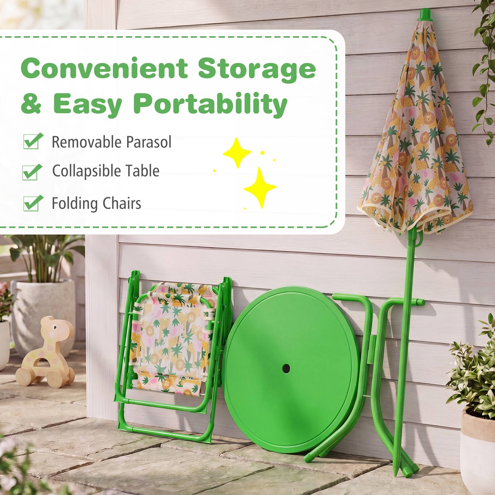 Convenient Storage & Easy Portability  
- Removable Parasol  
- Collapsible Table  
- Folding Chairs