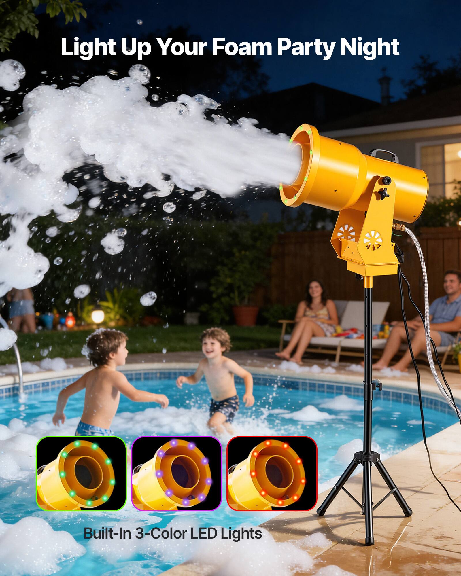 Light Up Your Foam Party Night

Built-In 3-Color LED Lights
