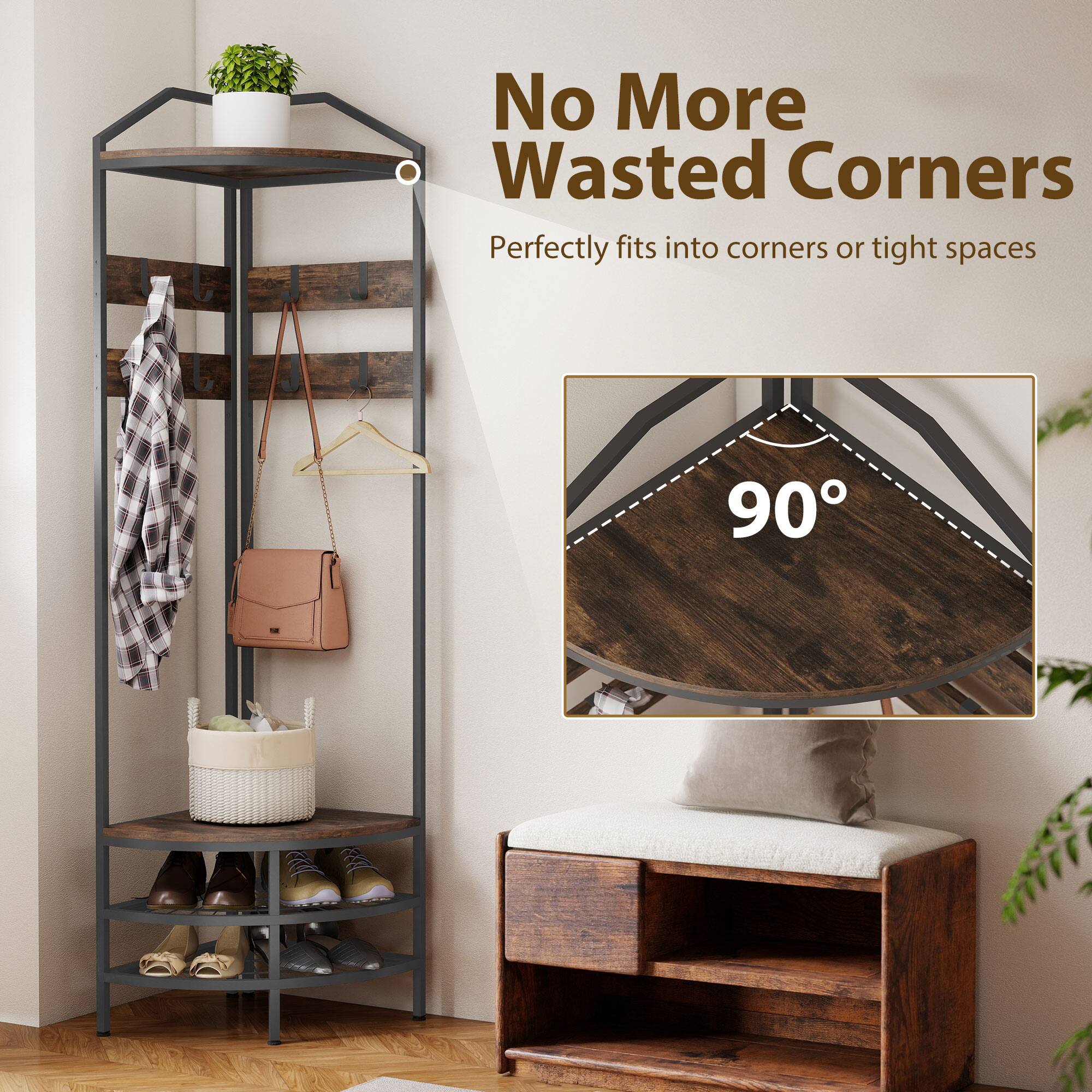 No More Wasted Corners  
Perfectly fits into corners or tight spaces  
90°