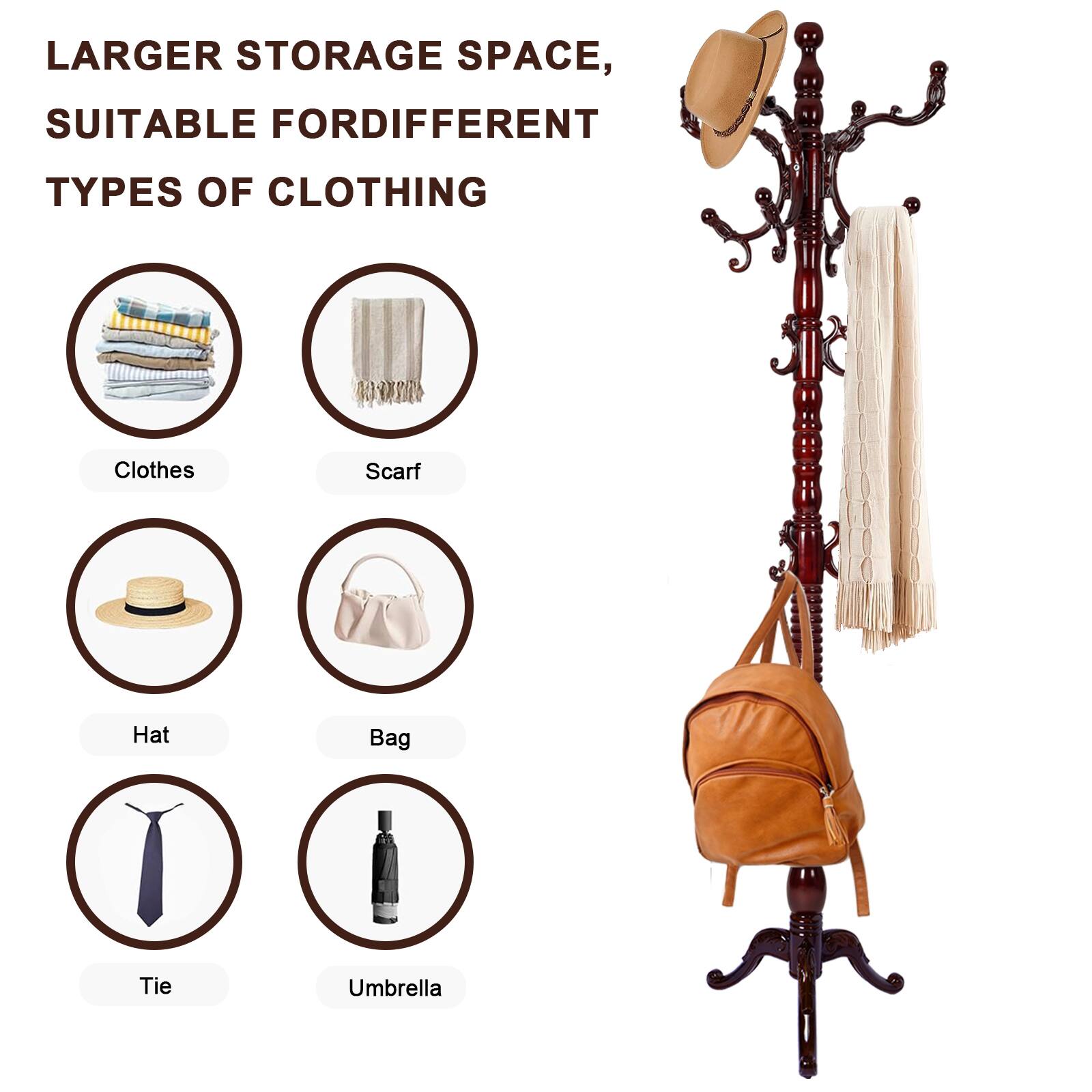 Larger storage space, suitable for different types of clothing: Clothes, Scarf, Hat, Bag, Tie, Umbrella.
