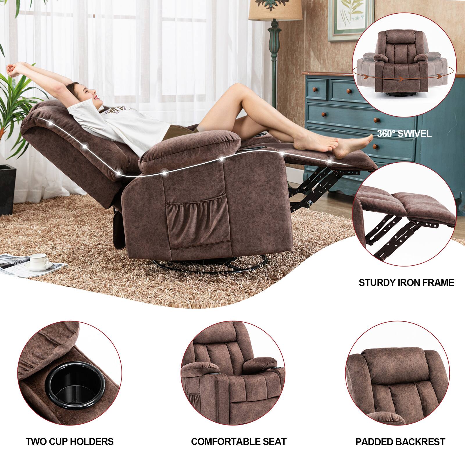 360° SWIVEL, STURDY IRON FRAME, TWO CUP HOLDERS, COMFORTABLE SEAT, PADDED BACKREST