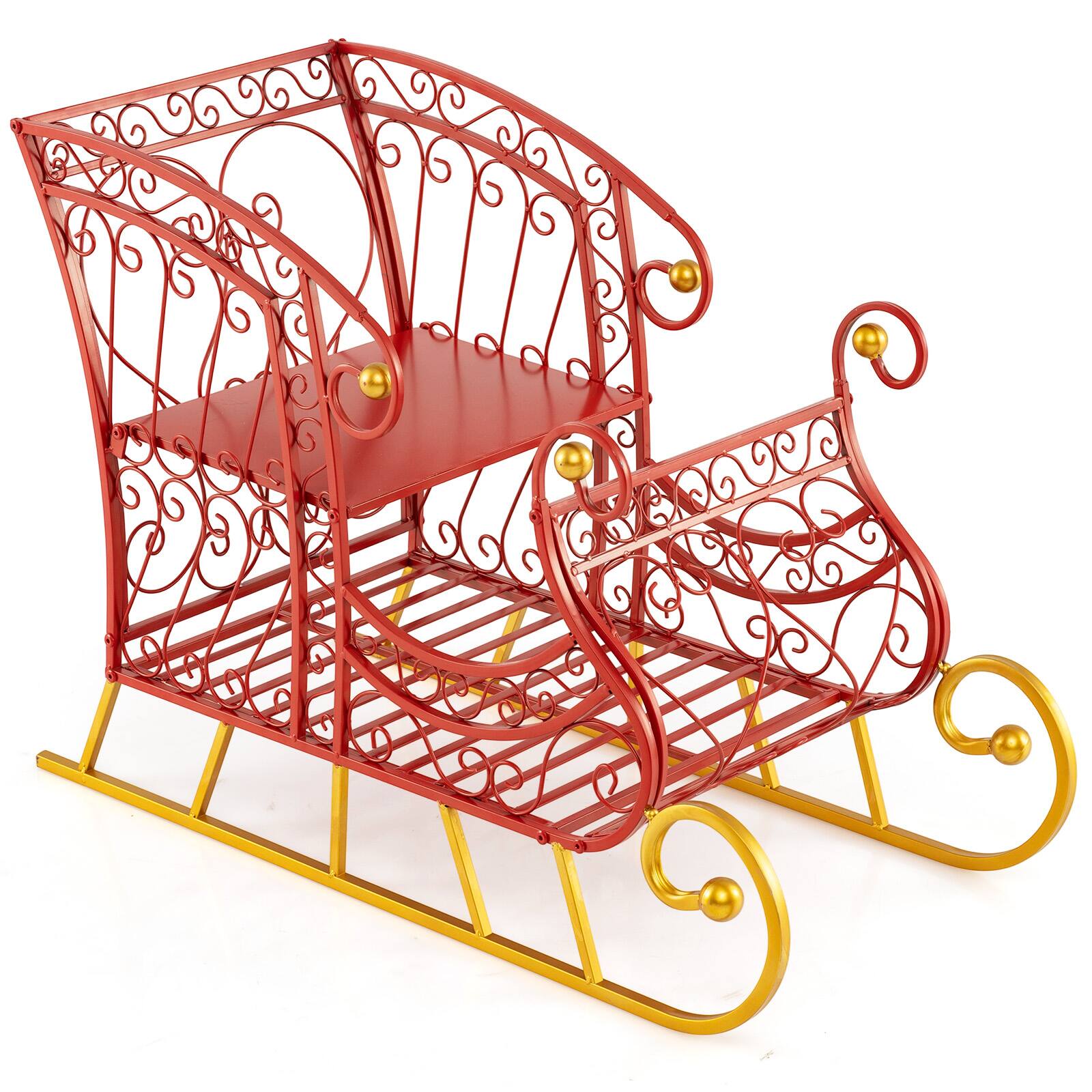 Gymax - Metal Christmas Santa Sleigh Basket Festive Decorative Sleigh Cart Holiday Gold - Red