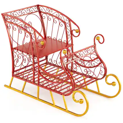 Front. Gymax - Gymax Metal Christmas Santa Sleigh Basket Festive Decorative Sleigh Cart Holiday Red & Gold - Red.